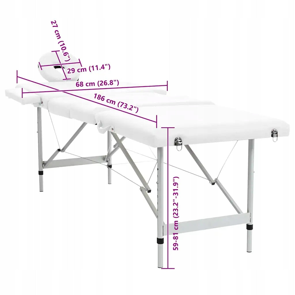 Folding massage table with aluminum frame, 4 zones, cream-white Frame material aluminum