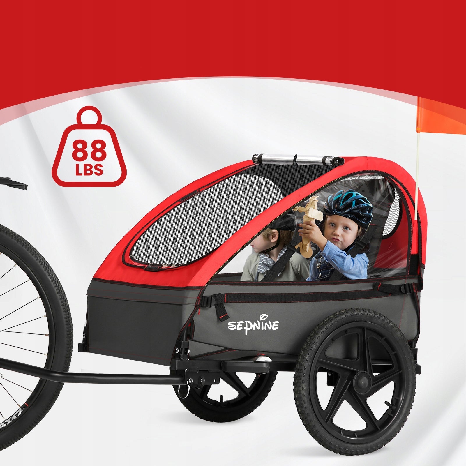 Folding trailer for 2 children, five-point belts, load capacity 40kg Manufacturer code PRZYCZEPKA ROWEROWA DLA DZIECI