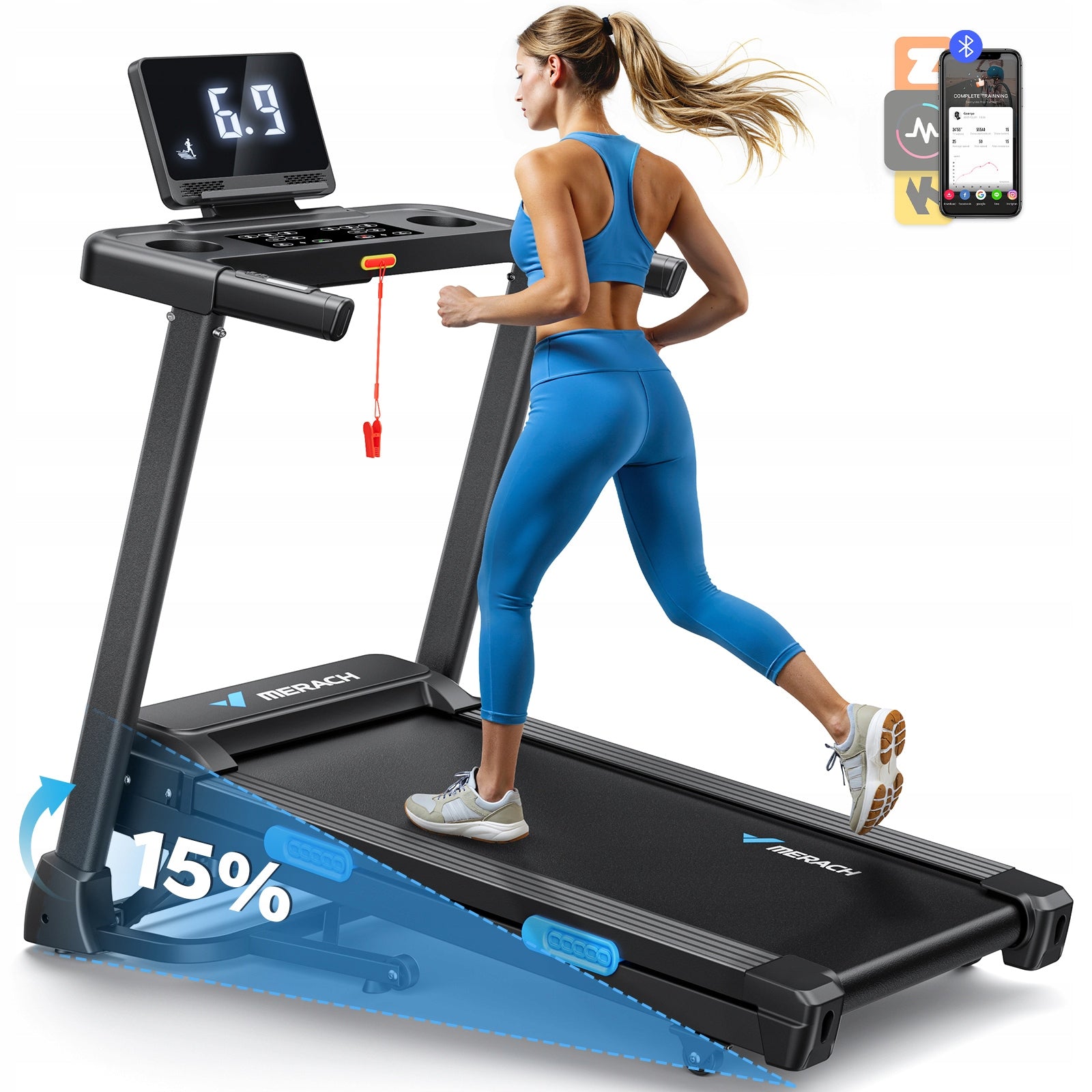 Folding treadmill, electric slope 15%, 0,8-12 km/h, Bluetooth