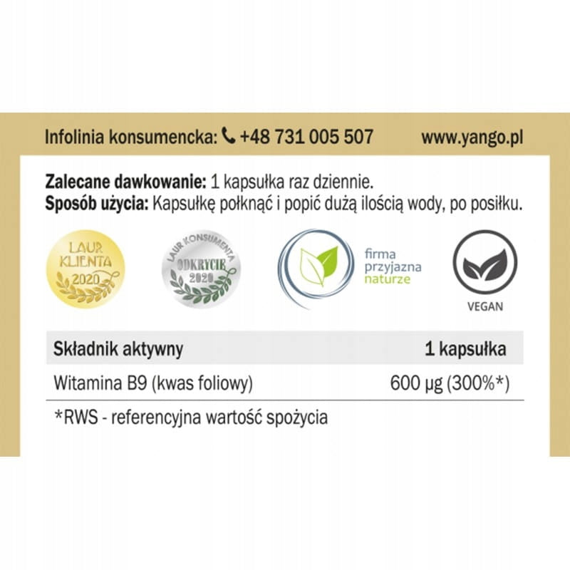 Folic acid - vitamin B9 - Yango - 90 kaps. Brand Yango
