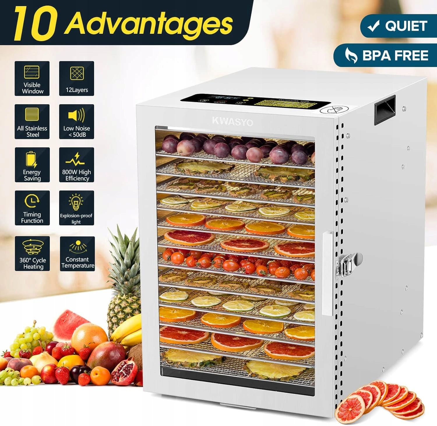 Food Dryer 12 Shelves 800W 2x Fan 20-90°C Stainless Steel Brand no brand