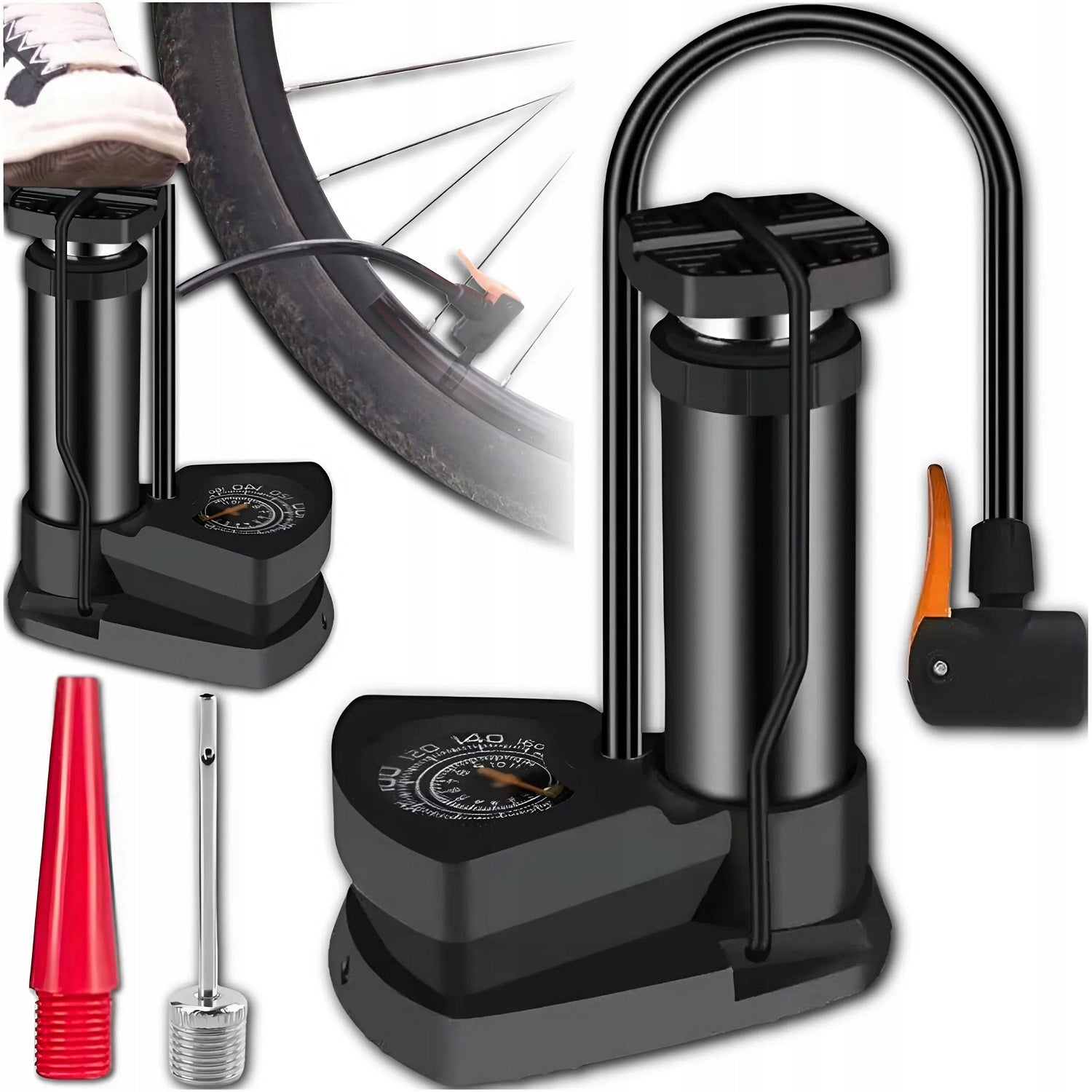 Foot Pump Bicycle Car Floor Stationary Pressure Gauge 10 BAR Color black