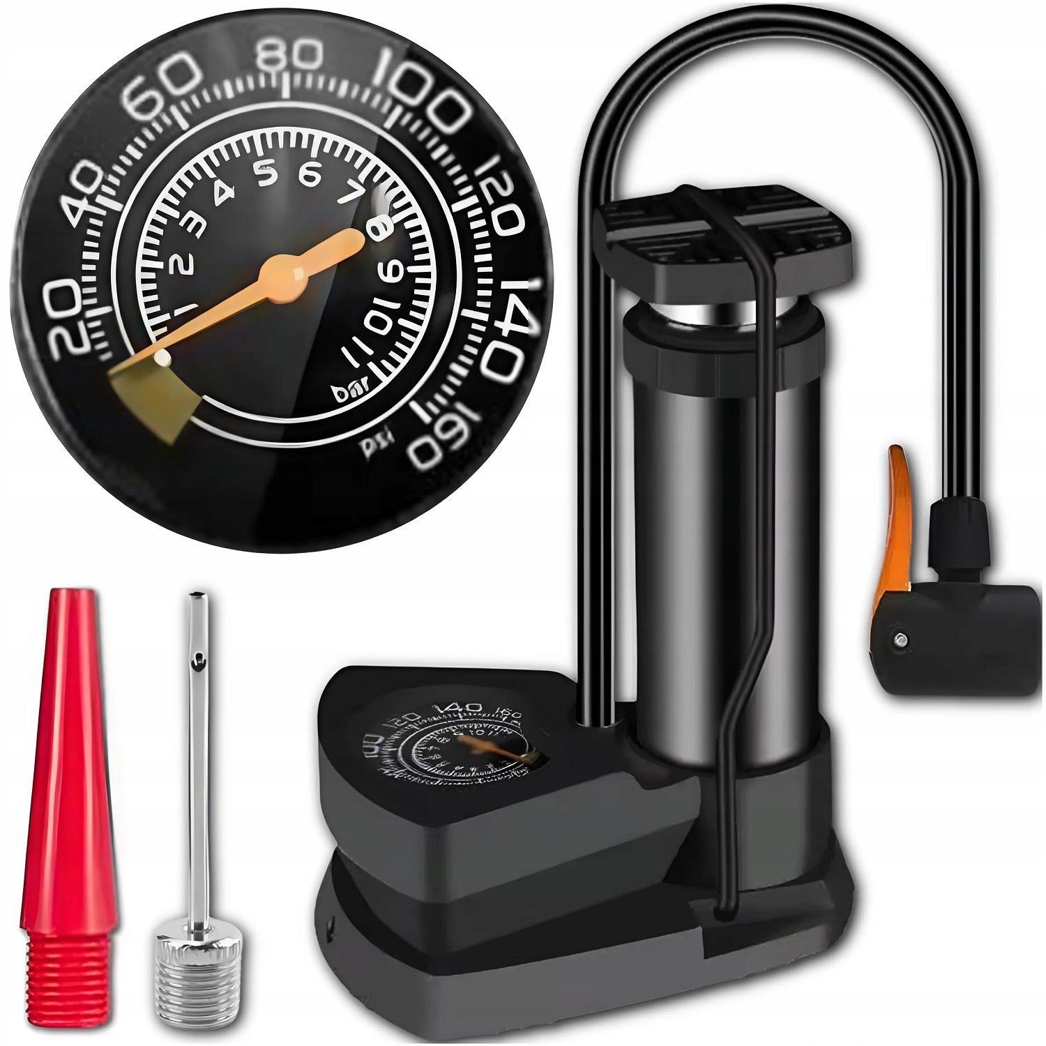 Foot Pump Bicycle Car Floor Stationary Pressure Gauge 10 BAR
