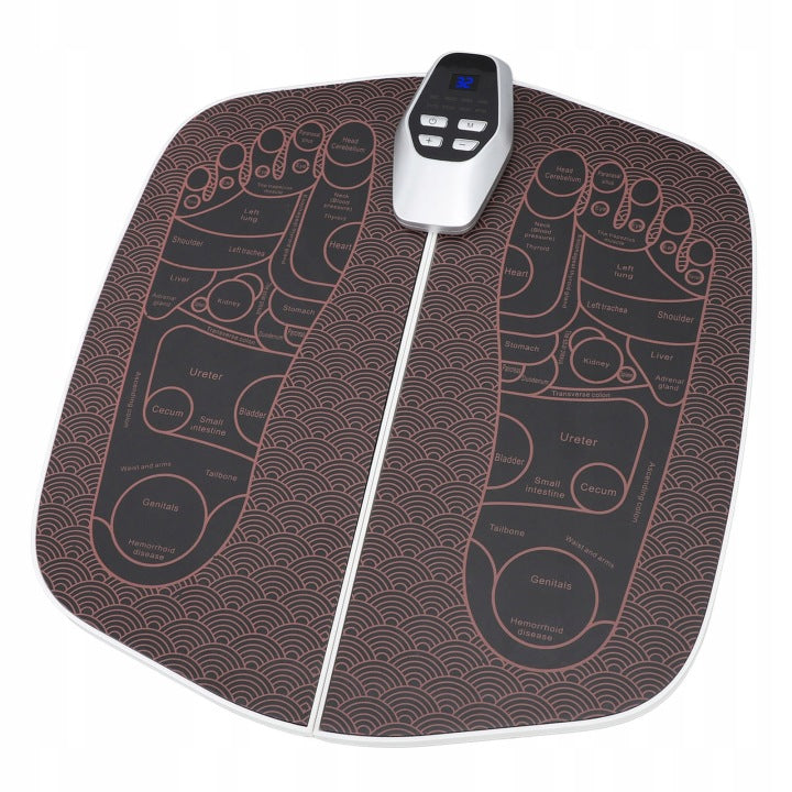 Foot and hand massage mat with EMS muscle electrostimulation, with many