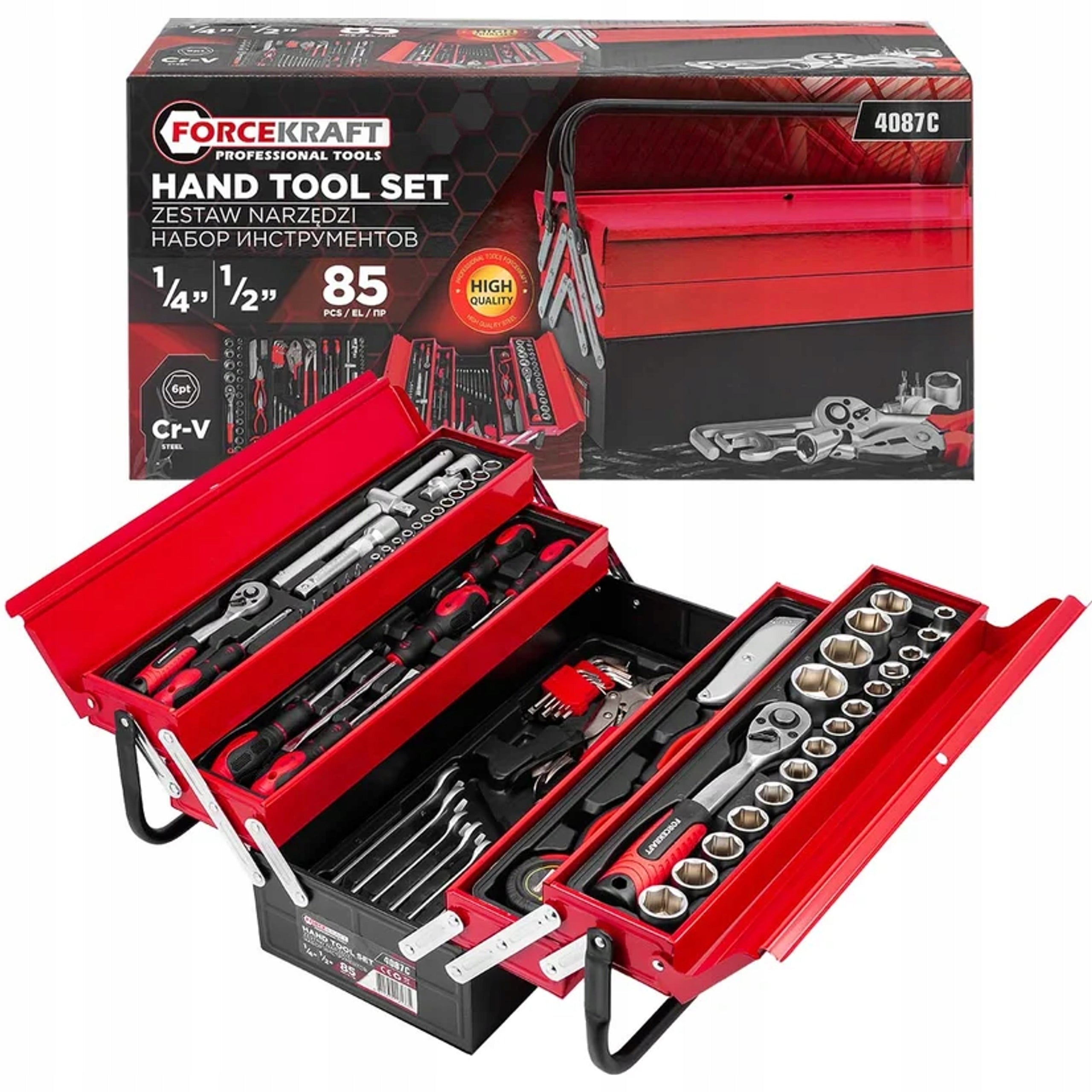 Forcekraft metal tool box with 85 element tool equipment.