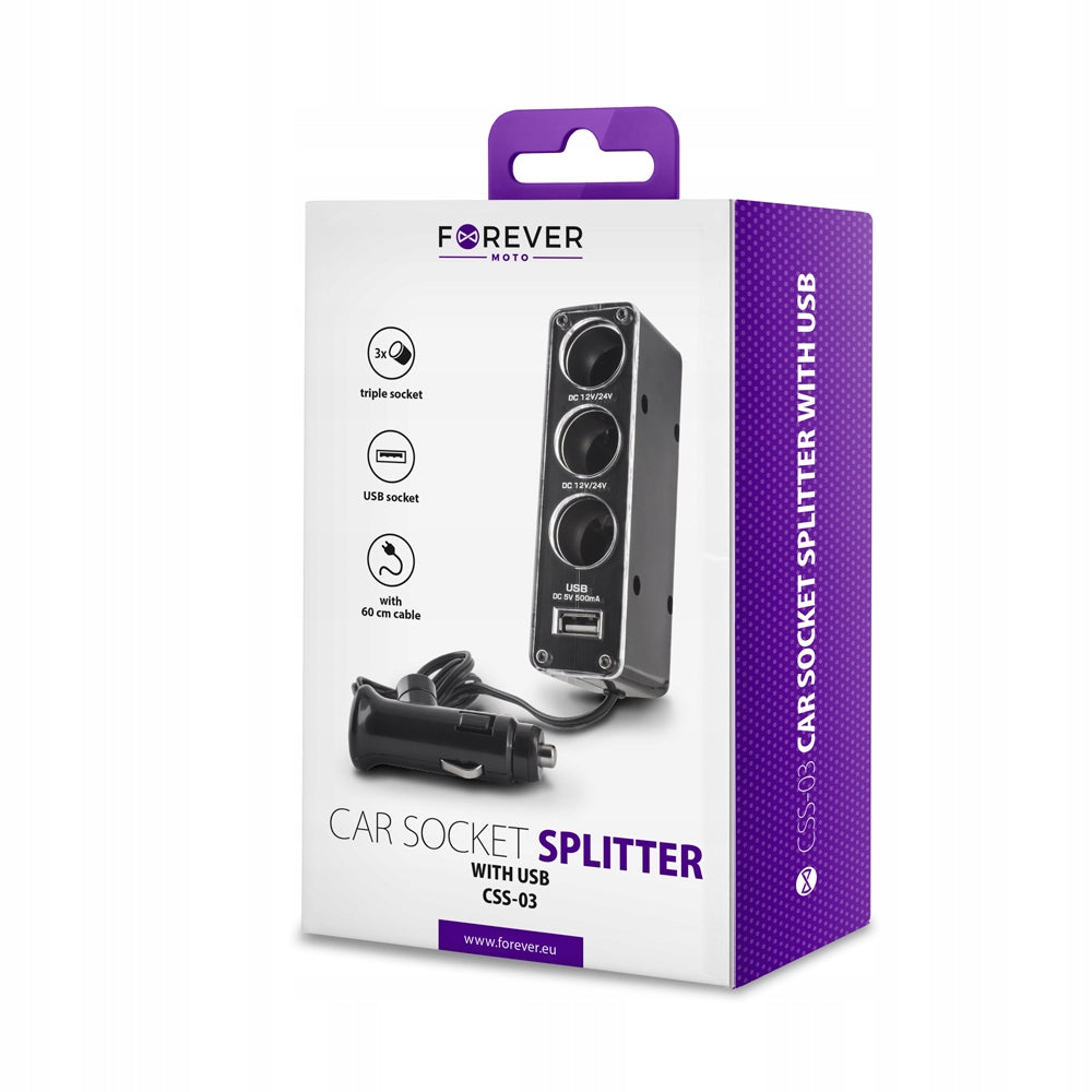 Kfz-Ladestecker Forever 3 in 1 mit USB-Anschluss und drei 12V-Anschlüssen