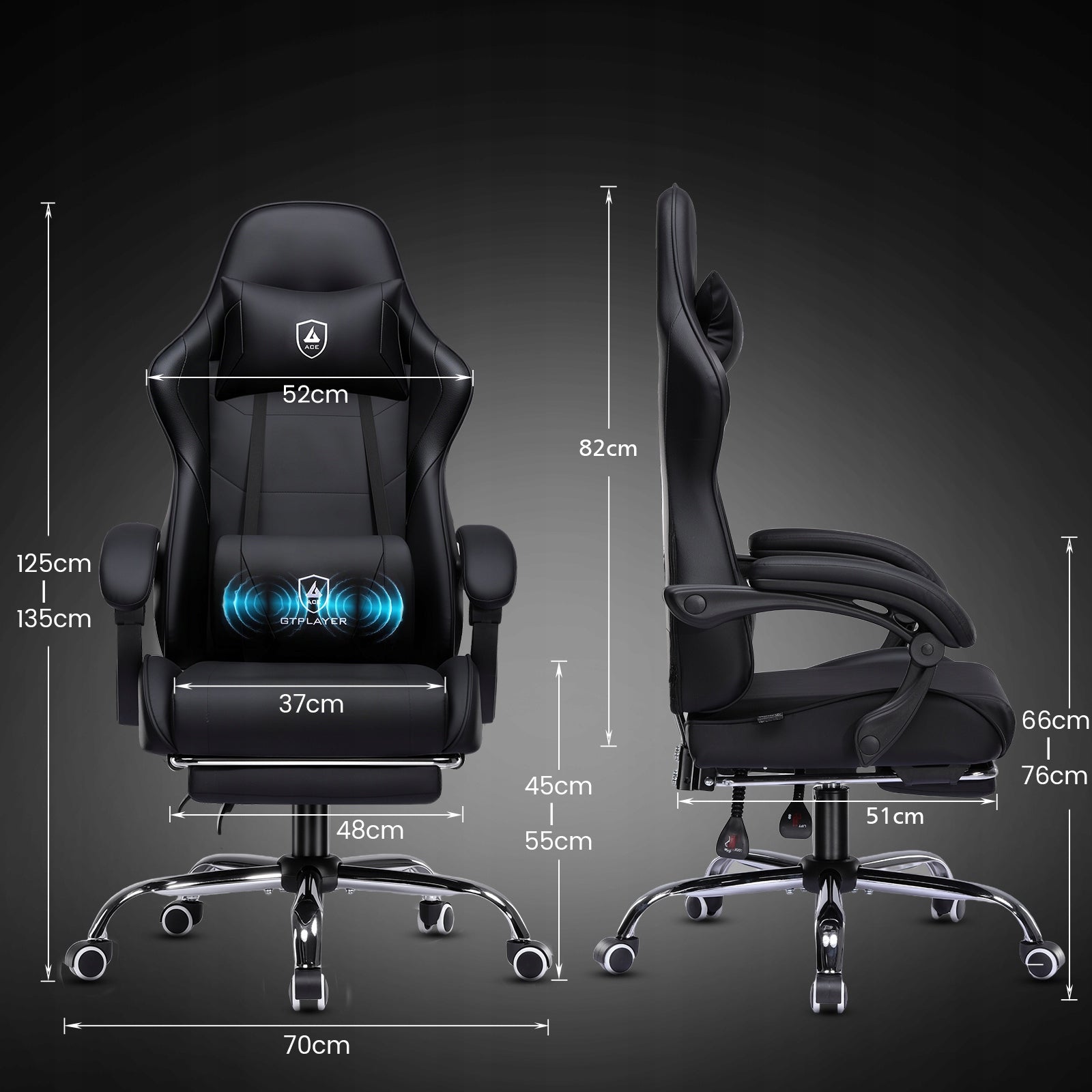 Fotel Gamingowy Ergonomiczny Fotel z Massażem Lędźwi, Max 150 kg, Czarny Furniture depth 51 cm