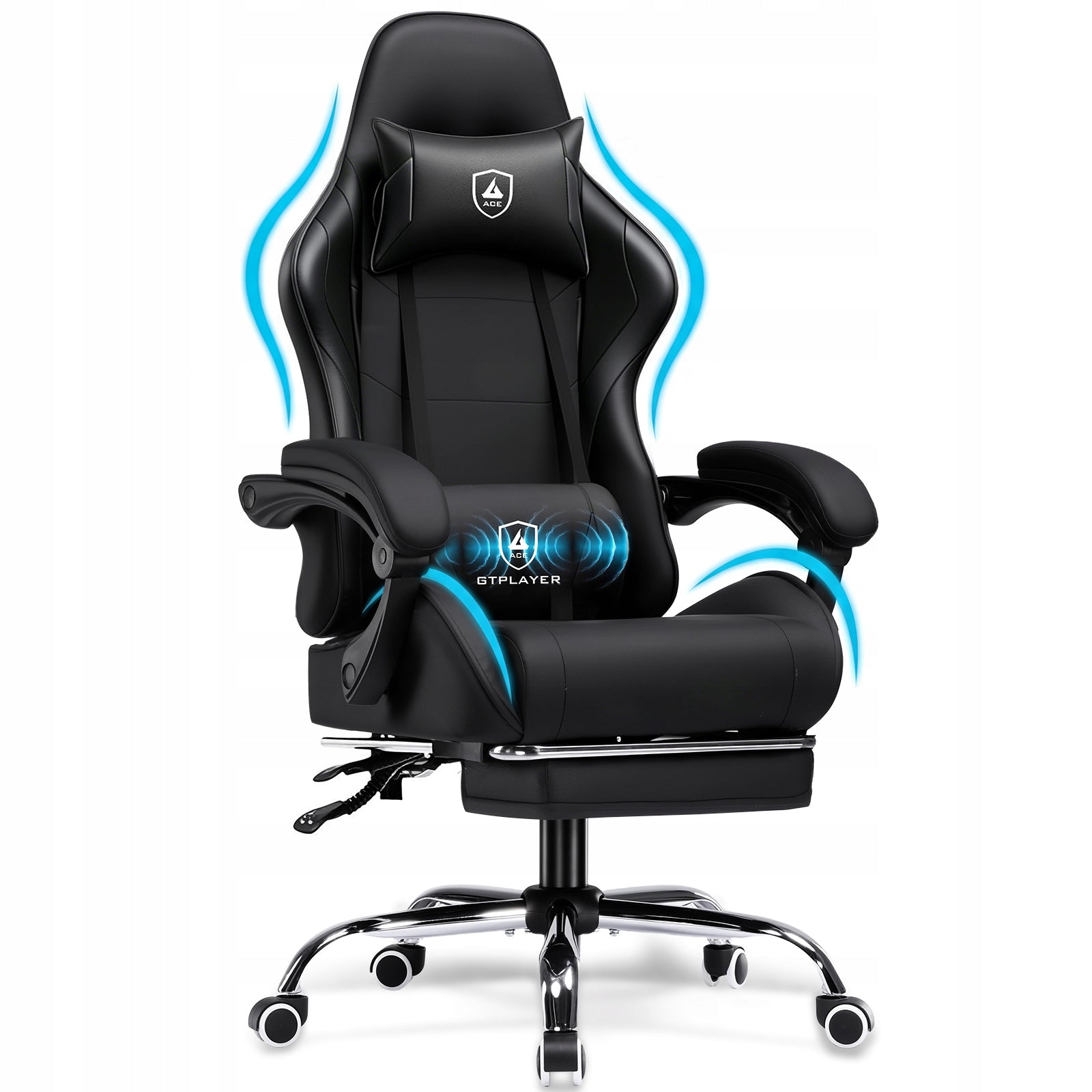 Fotel Gamingowy Ergonomiczny Fotel z Massażem Lędźwi, Max 150 kg, Czarny