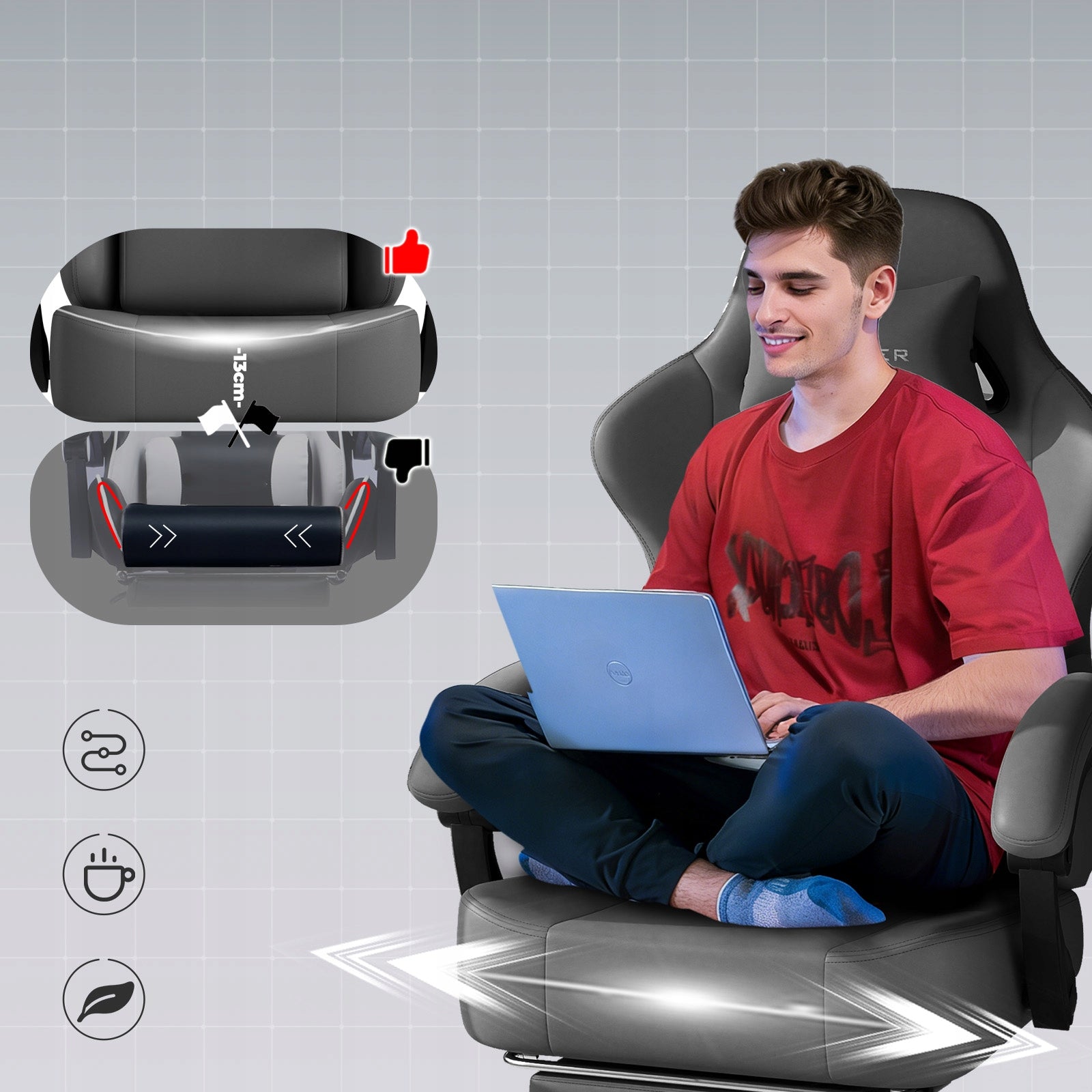 Fotel Gamingowy OBROTOWY 360° Sprężynowe Siedzenie 160° Odchyl 8H Bez Bólu Furniture height 131 cm