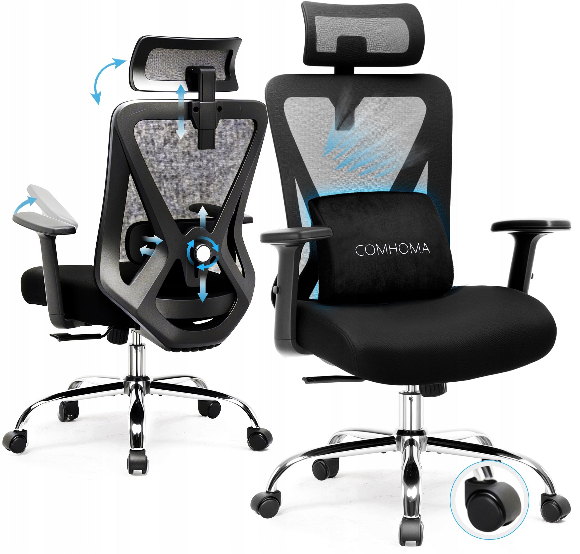 Fotel biurowy ergonomiczny COMHOMA z 3D zagłówkiem Manufacturer code CH226-BLK