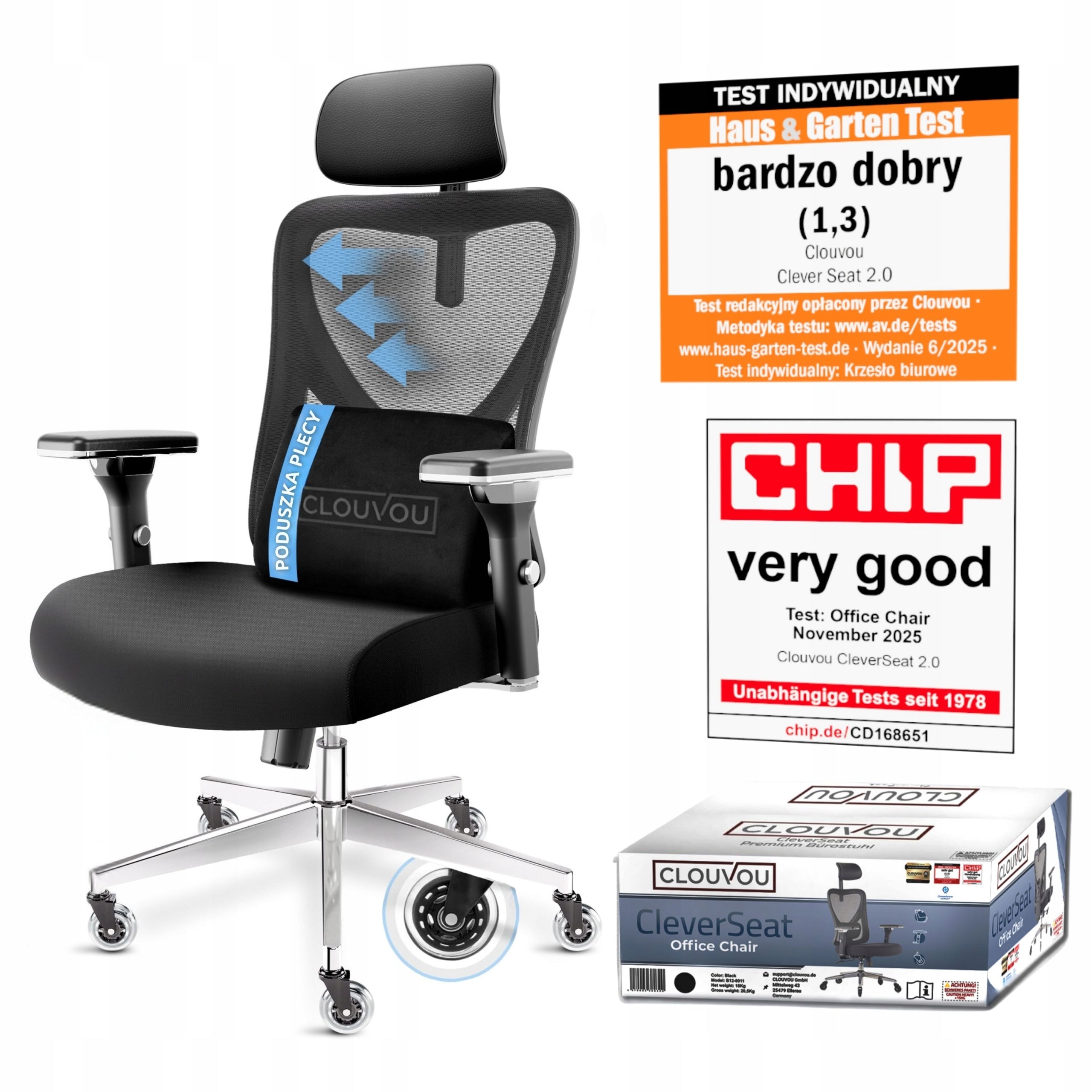 Fotel biurowy krzesło biurowe ergonomiczne podłokietniki 4D CleverSeat Medical device no