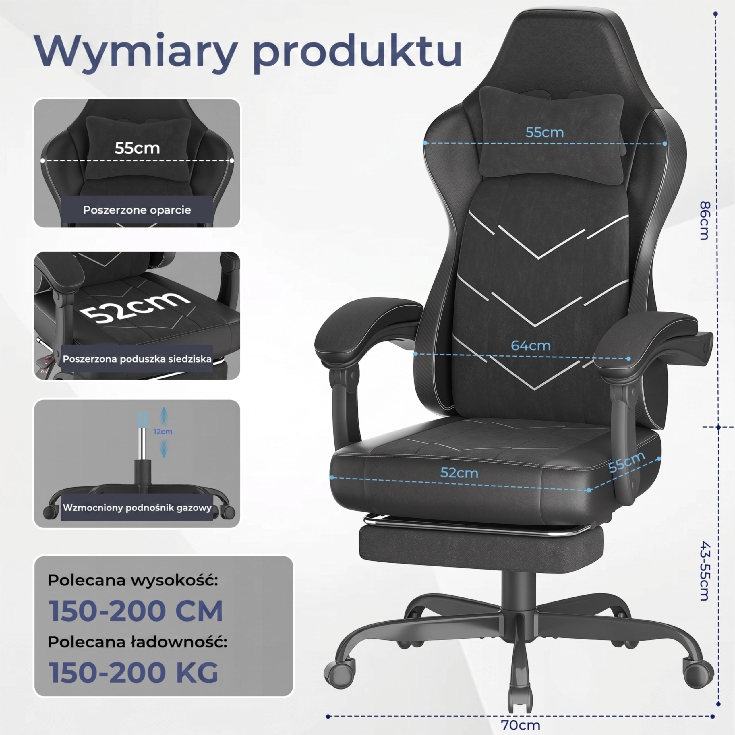 Fotel gamingowy Devoko z szerszym i grubszym siedziskiem Furniture height 141 cm