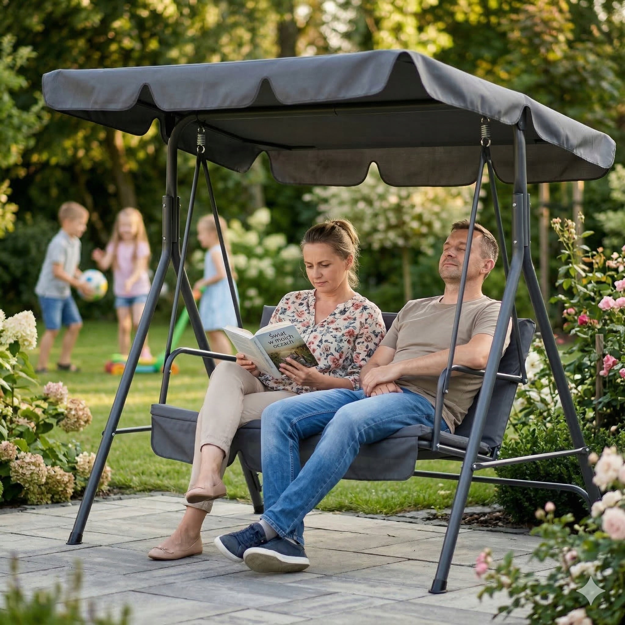 Freestanding Rocking Swing with Canopy 3 Seater Strong Grey Seat length 160 cm