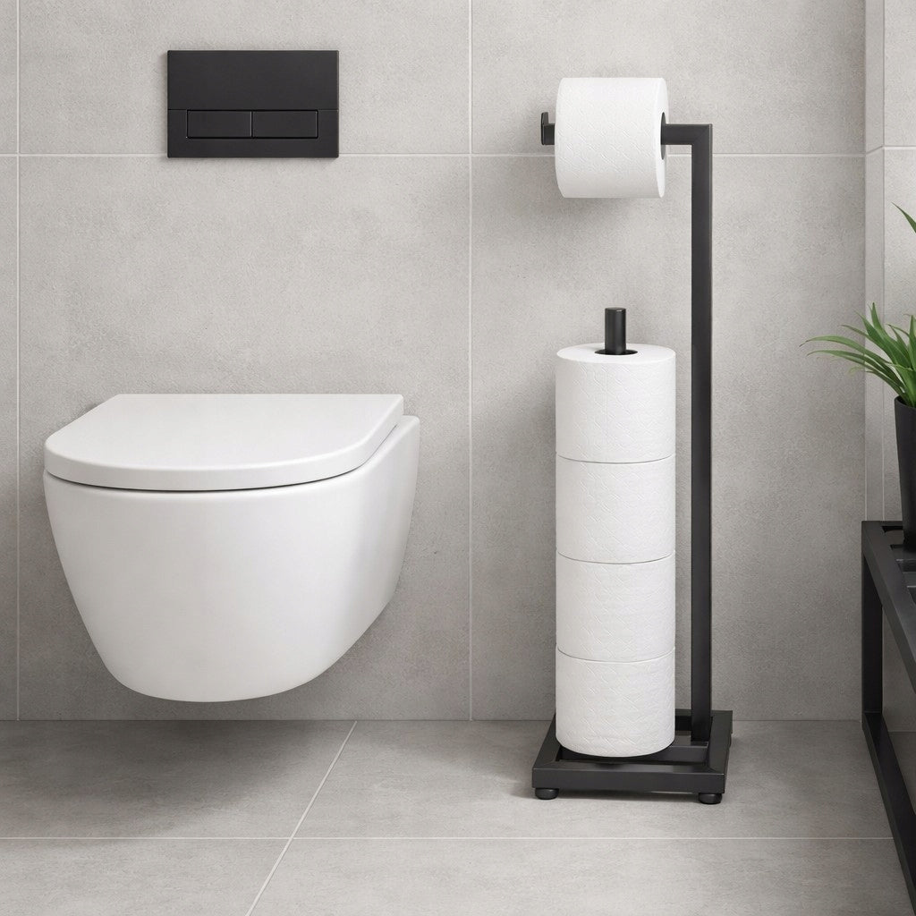 Freestanding Toilet Paper Rack Black Mat 5 Rolls with Toilet Holder Packaging status original
