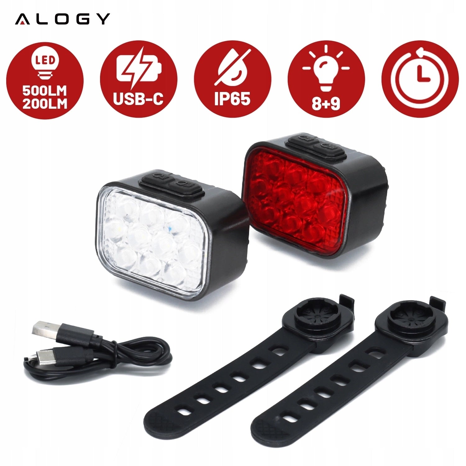 Front and rear bicycle light LED powerful battery for bike set Manufacturer code Zestaw lampek rowerowych przód tył 77782
