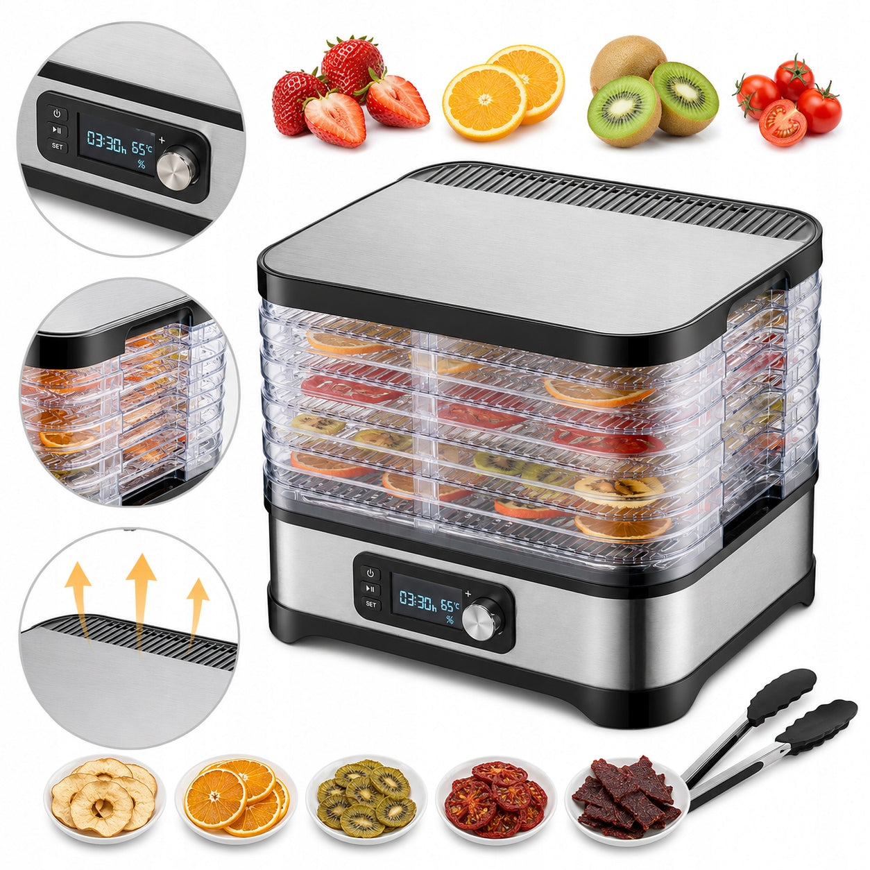 Fruit Mushroom Dryer Vegetable Herbs Large Trays + Mats Sieve Knife Pliers Dominant color silver/gray