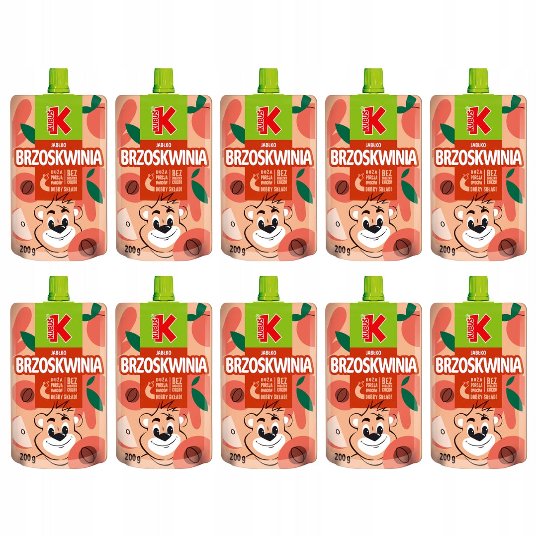 Fruit mousse Kubuś Peach Apple carton 10x 200g Packaging status original