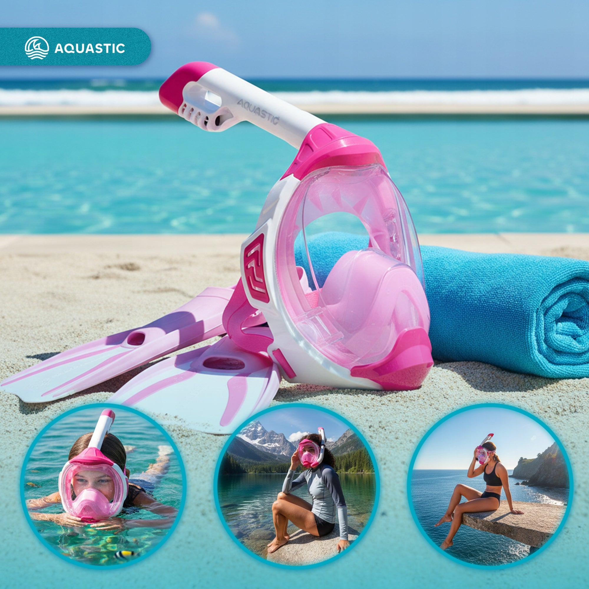 Full face diving mask SNORKELING AQUASTIC KAI S-M with TUBE Color pink