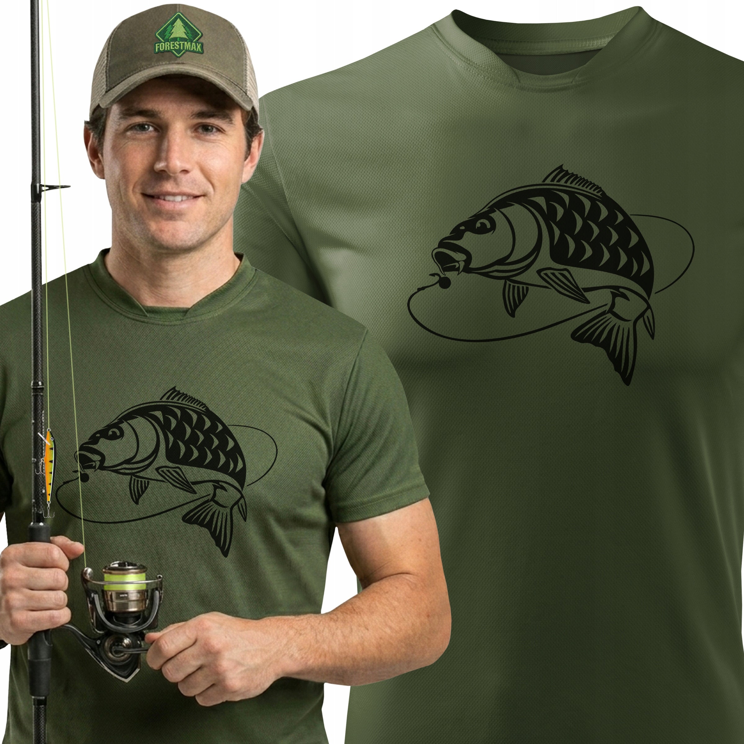 Functional khaki fishing shirt - T-shirt for angler with KARP print