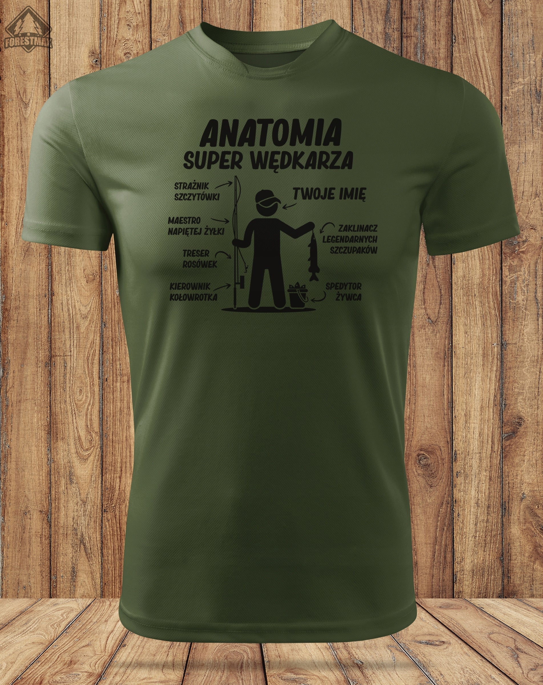 Funny khaki thermoactive fishing shirt with NAME on it for a gift Brand ForestMax