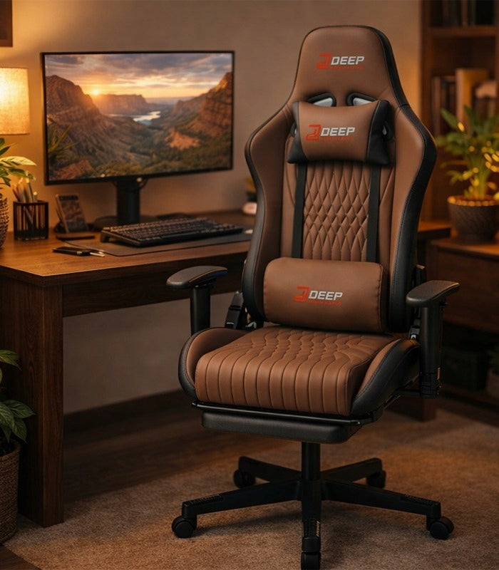 GAMING CHAIR BROWN FOR THE PLAYER FOR THE OFFICE COMFORTABLE FOOTREST Model Szerokie siedzisko, sprężynowe podparcie