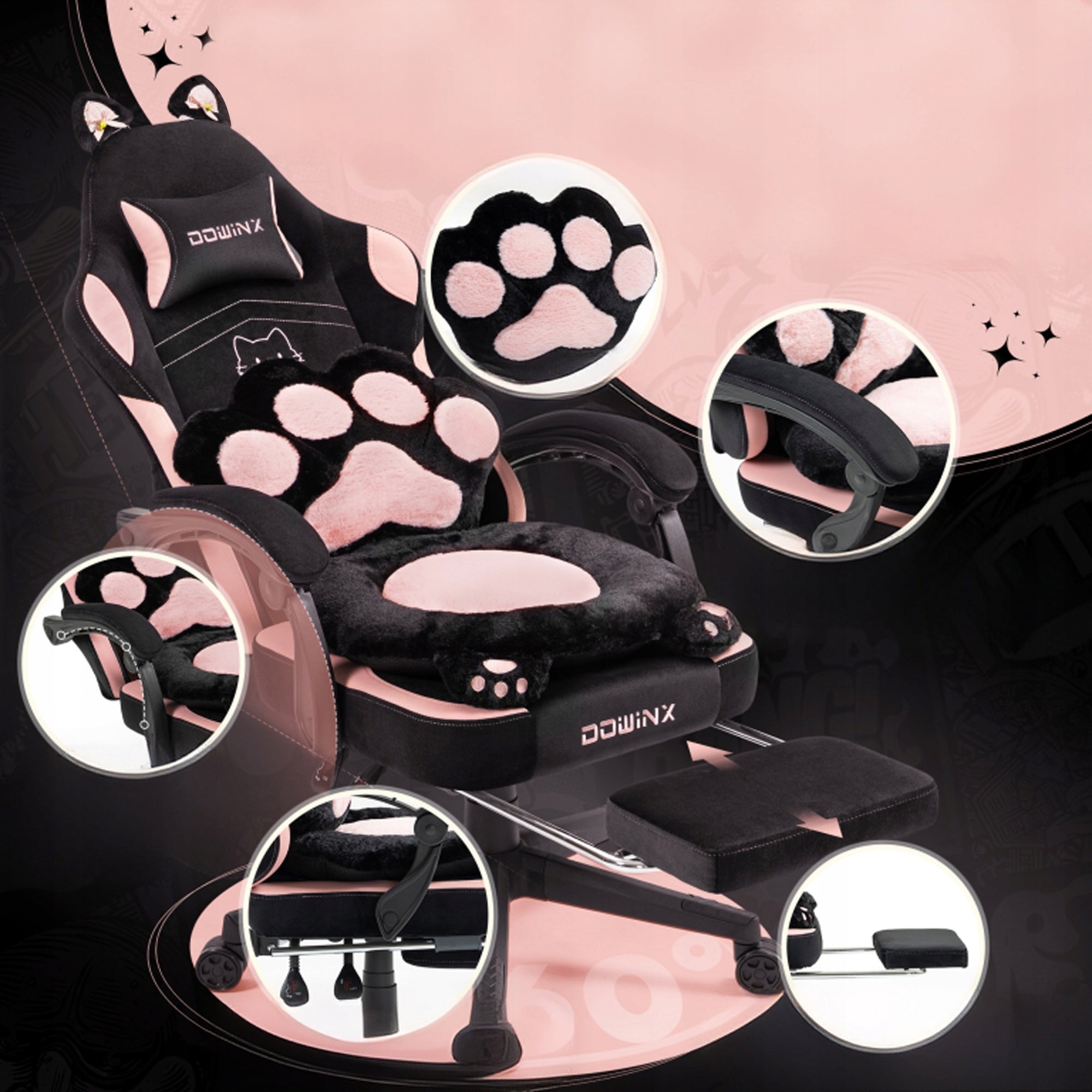 GAMING CHAIR DOWINX CAT SWIVEL EARS WITH FOOTREST 90 – 145°BLACK AND PINK Manufacturer code frhdag003