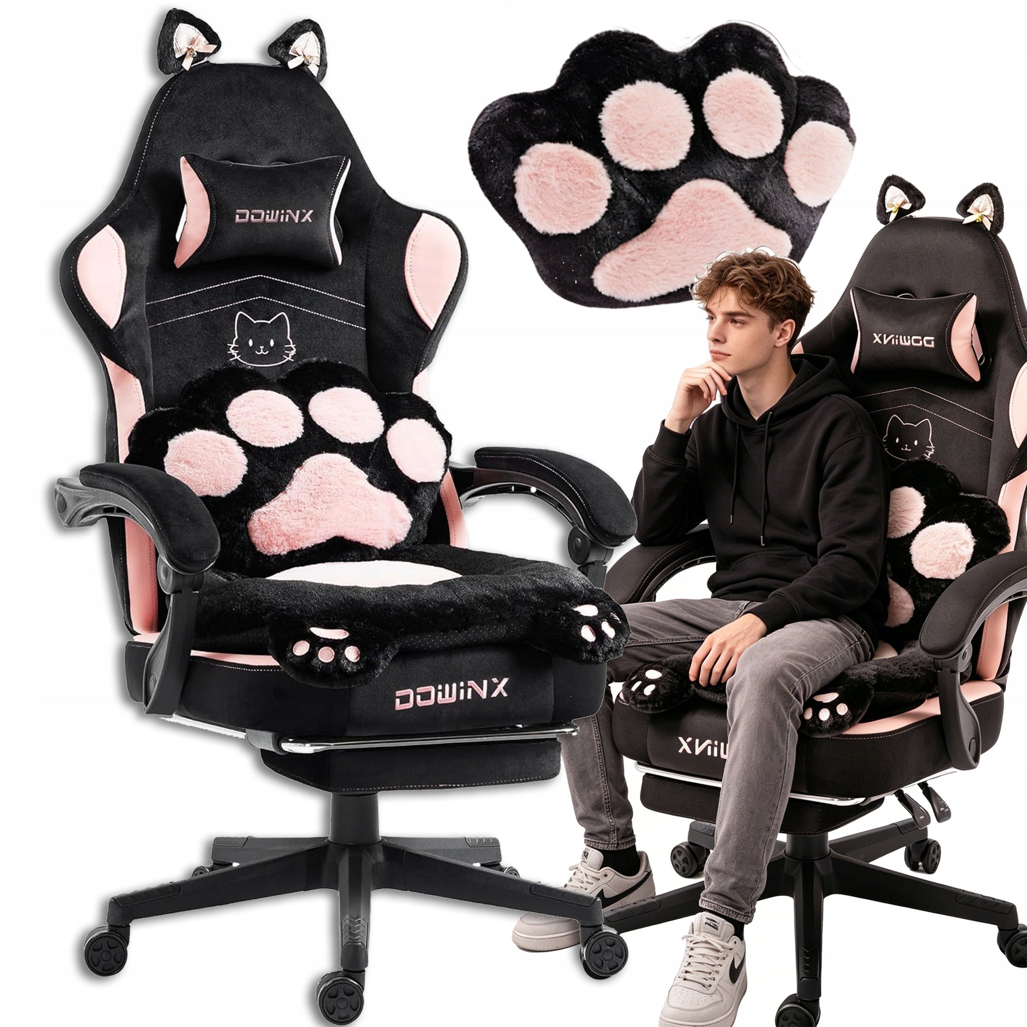 GAMING CHAIR DOWINX CAT SWIVEL EARS WITH FOOTREST 90 – 145°BLACK AND PINK