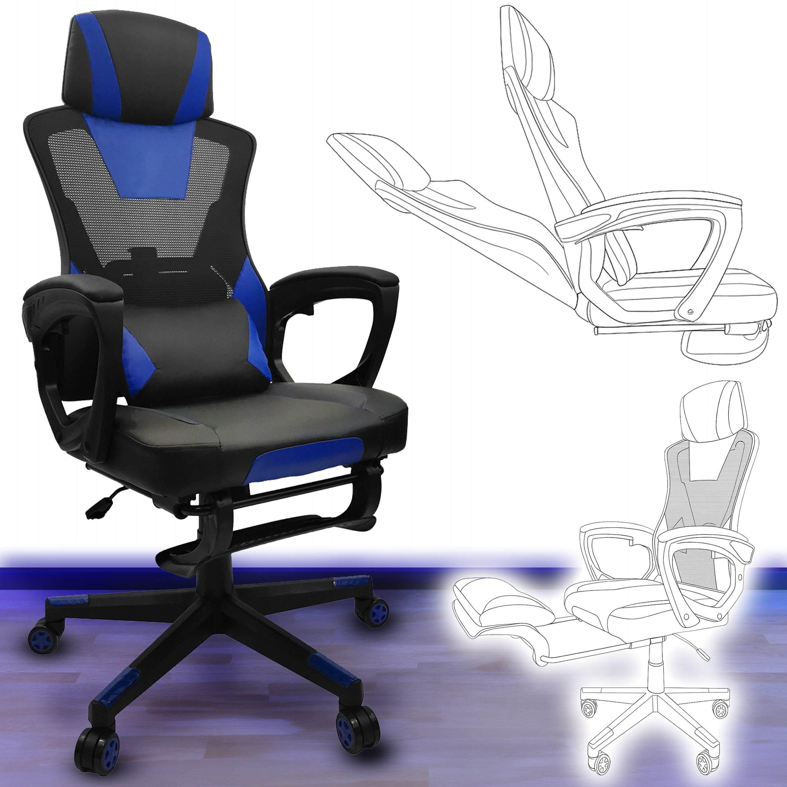 GAMING CHAIR FOR GAMERS OFFICE COMPUTER SWIVEL FOOTREST KG100 BLUE Packaging status original
