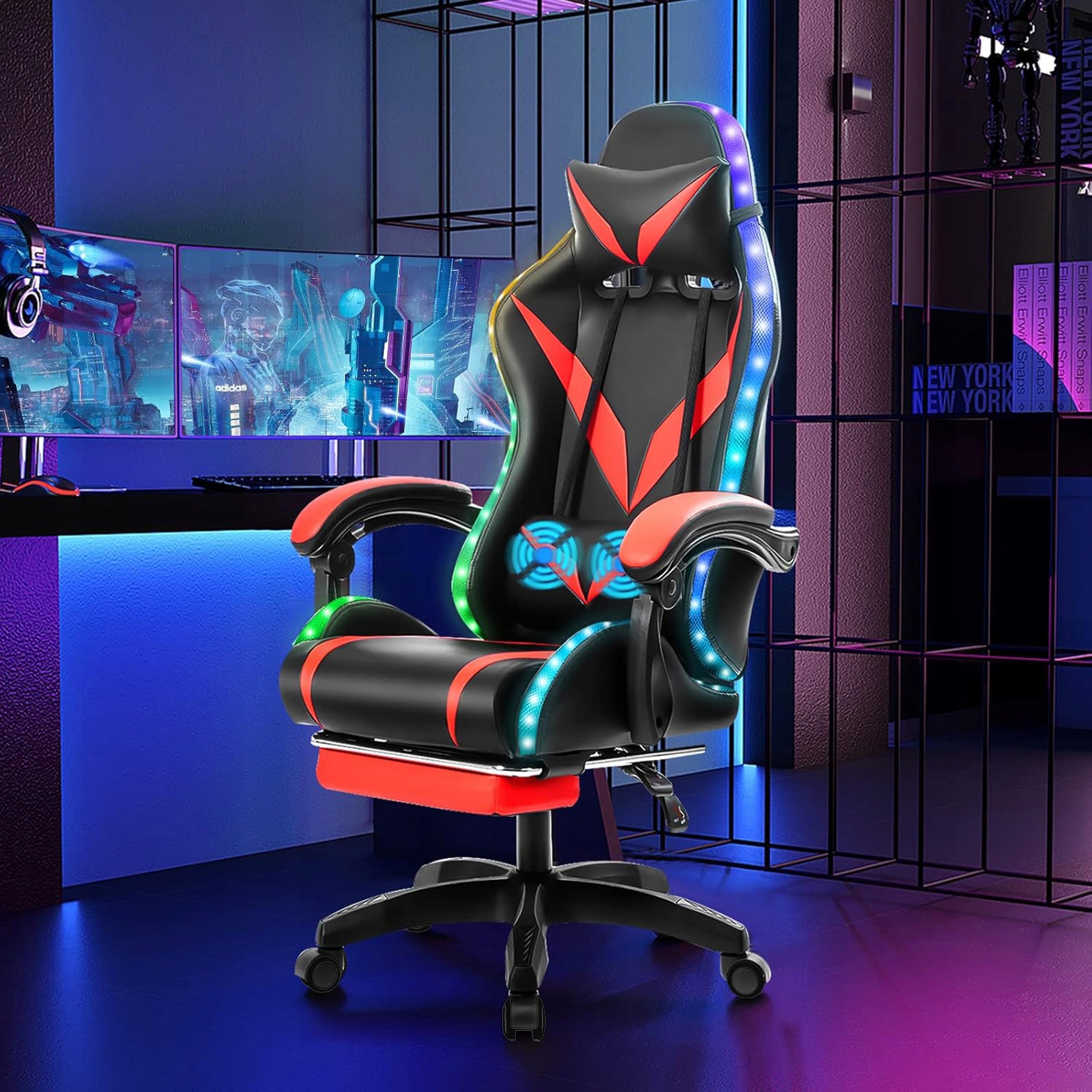 GAMING CHAIR FOR PLAYER BUCKET OFFICE CHAIR FOOTREST + MASSAGE + LED Furniture depth 48 cm