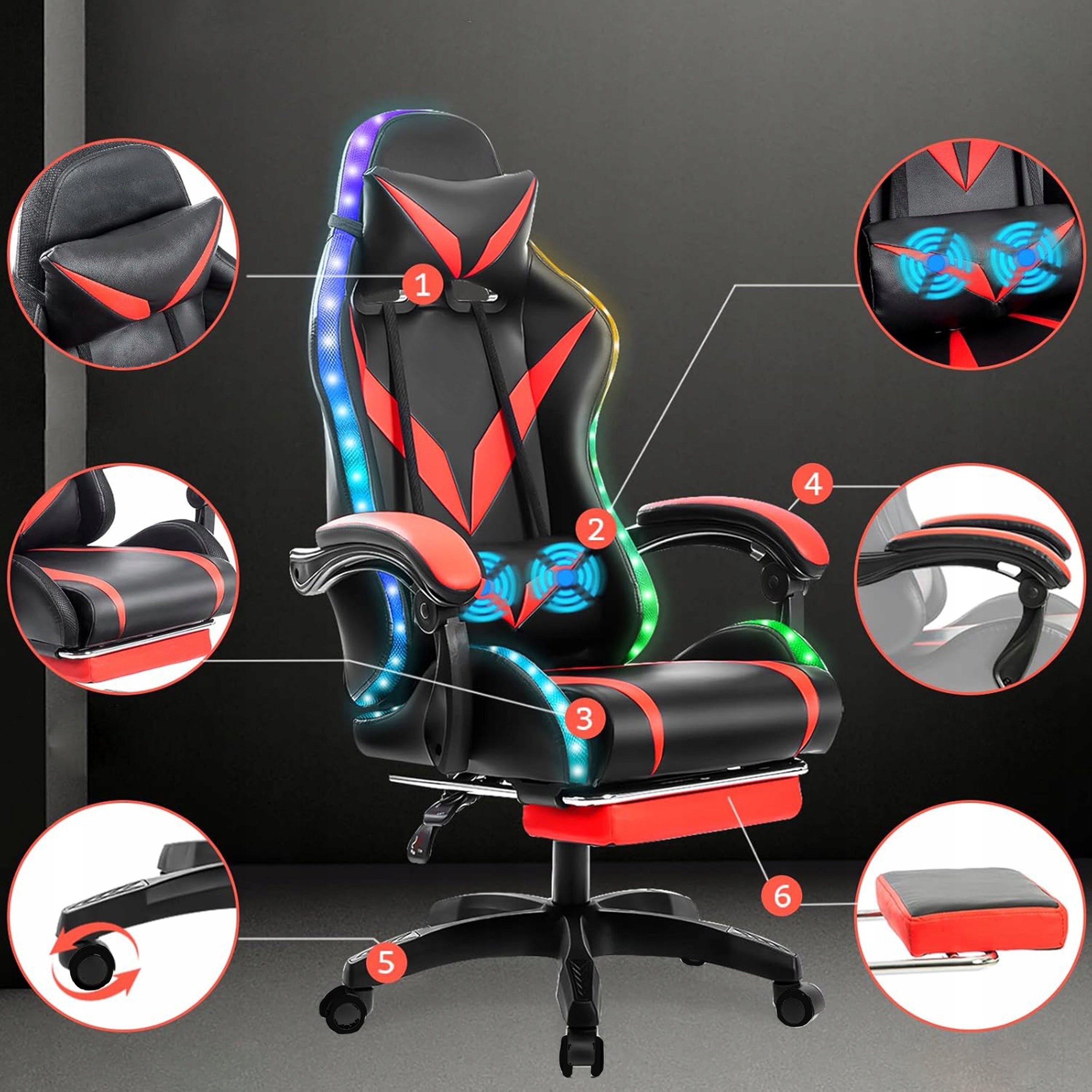 GAMING CHAIR FOR PLAYER BUCKET OFFICE CHAIR FOOTREST + MASSAGE + LED Furniture height 125 cm