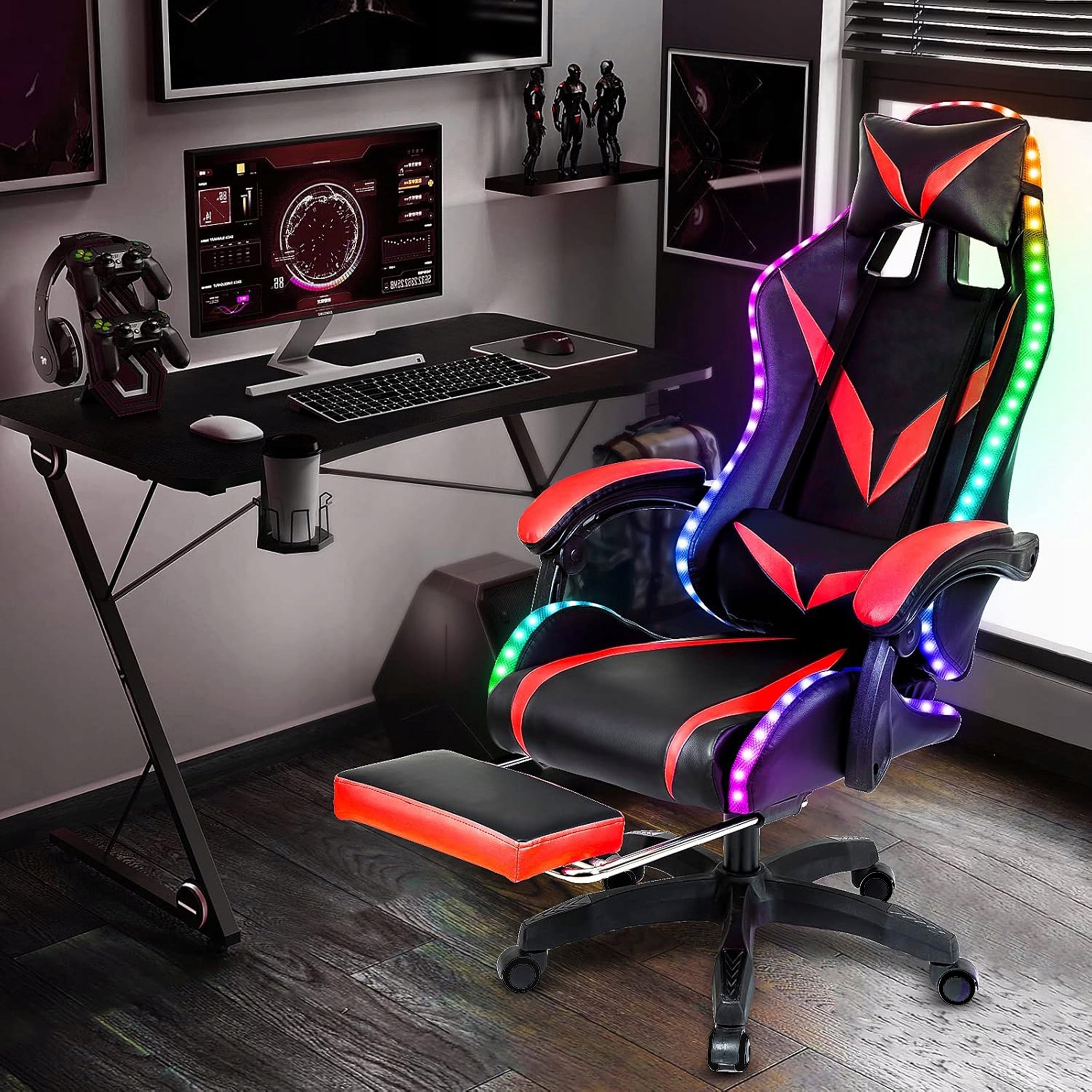 GAMING CHAIR FOR PLAYER BUCKET OFFICE CHAIR FOOTREST + MASSAGE + LED Furniture width 70 cm