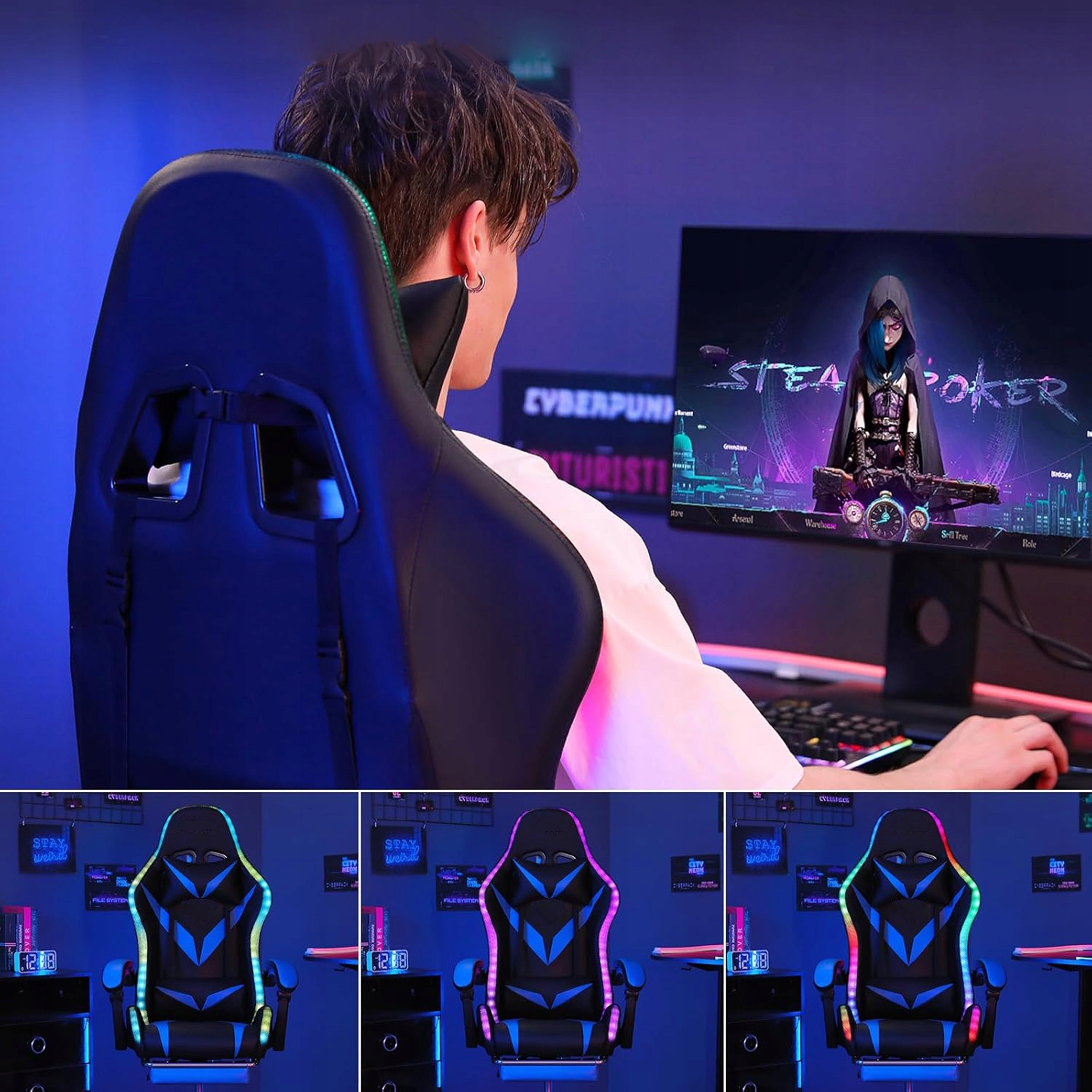 GAMING CHAIR FOR PLAYER BUCKET OFFICE CHAIR FOOTREST + MASSAGE + LED Manufacturer code Podświetlane Krzesło dla gracza grania LC09