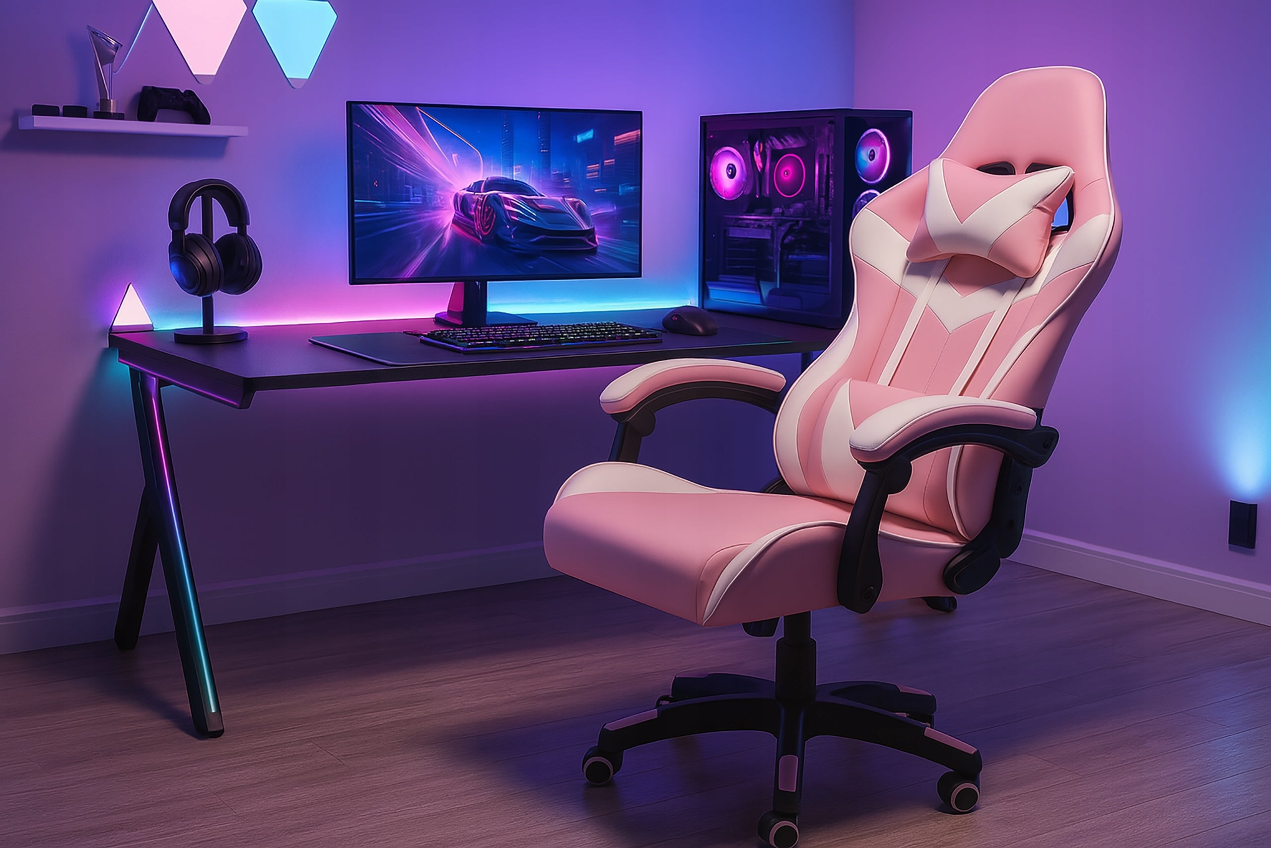 GAMING CHAIR GAMING OFFICE COMPUTER LUMBAR CUSHION KG109 PINK Furniture depth 52 cm
