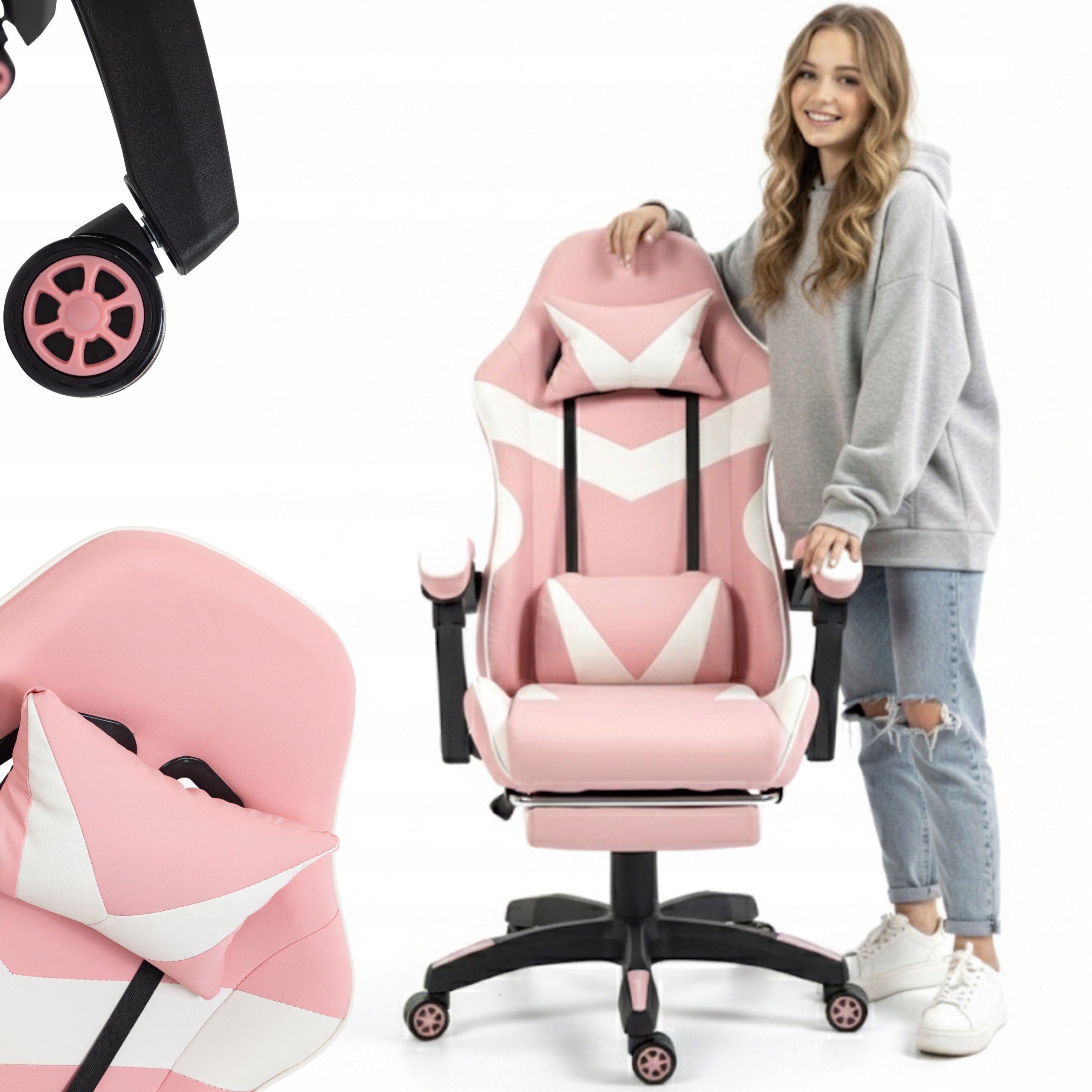GAMING CHAIR OFFICE SWIVEL GAMING CHAIR FAUX LEATHER PINK AND WHITE