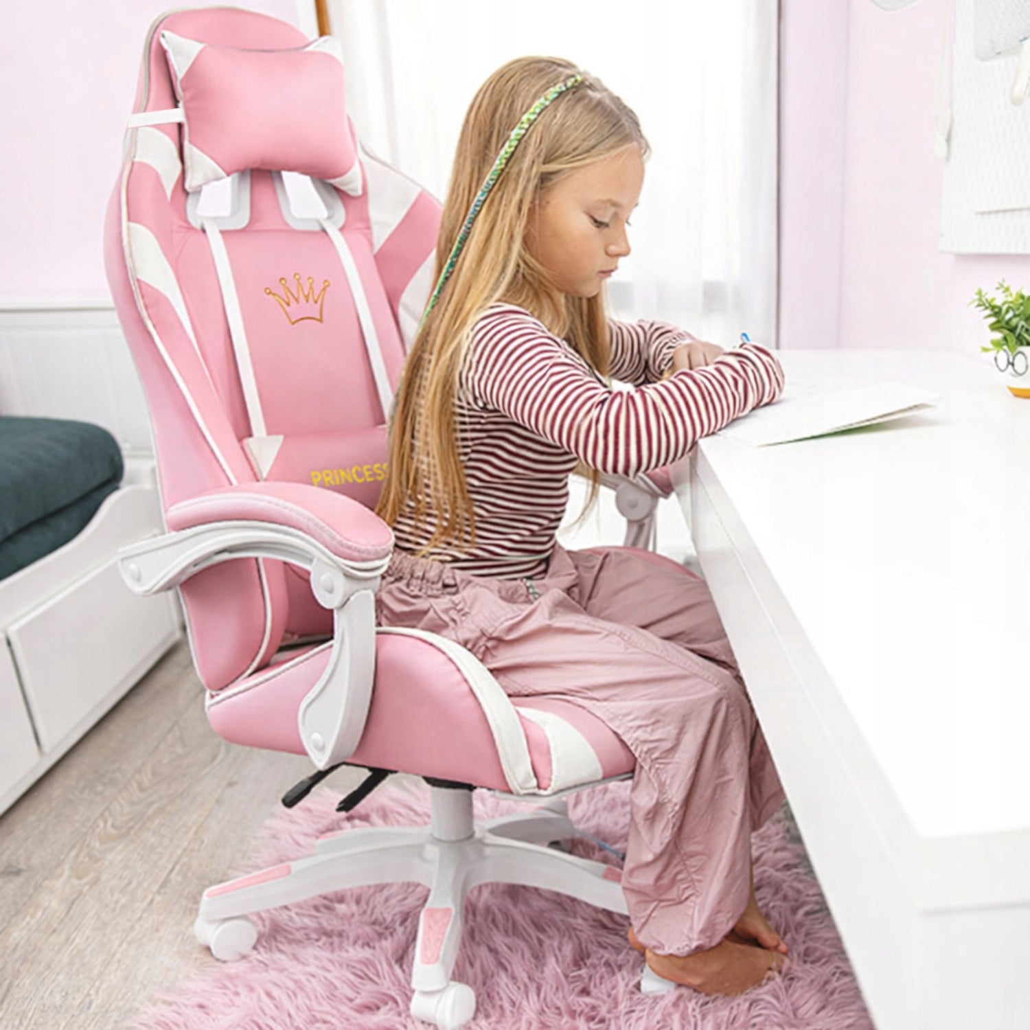 GAMING CHAIR PINK for girl child COMPUTER + MASSAGE FOOTREST Model PREMIUM PLUS ROZKŁADANY Z PODNÓŻKIEM