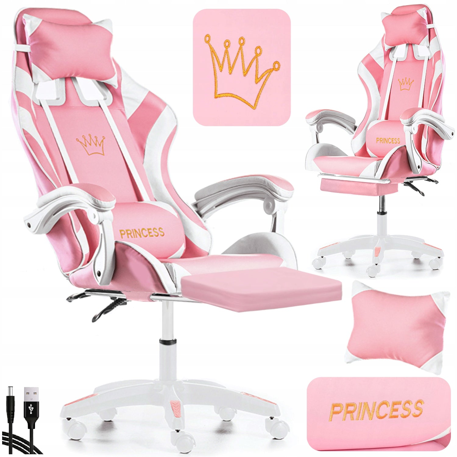 GAMING CHAIR PINK for girl child COMPUTER + MASSAGE FOOTREST