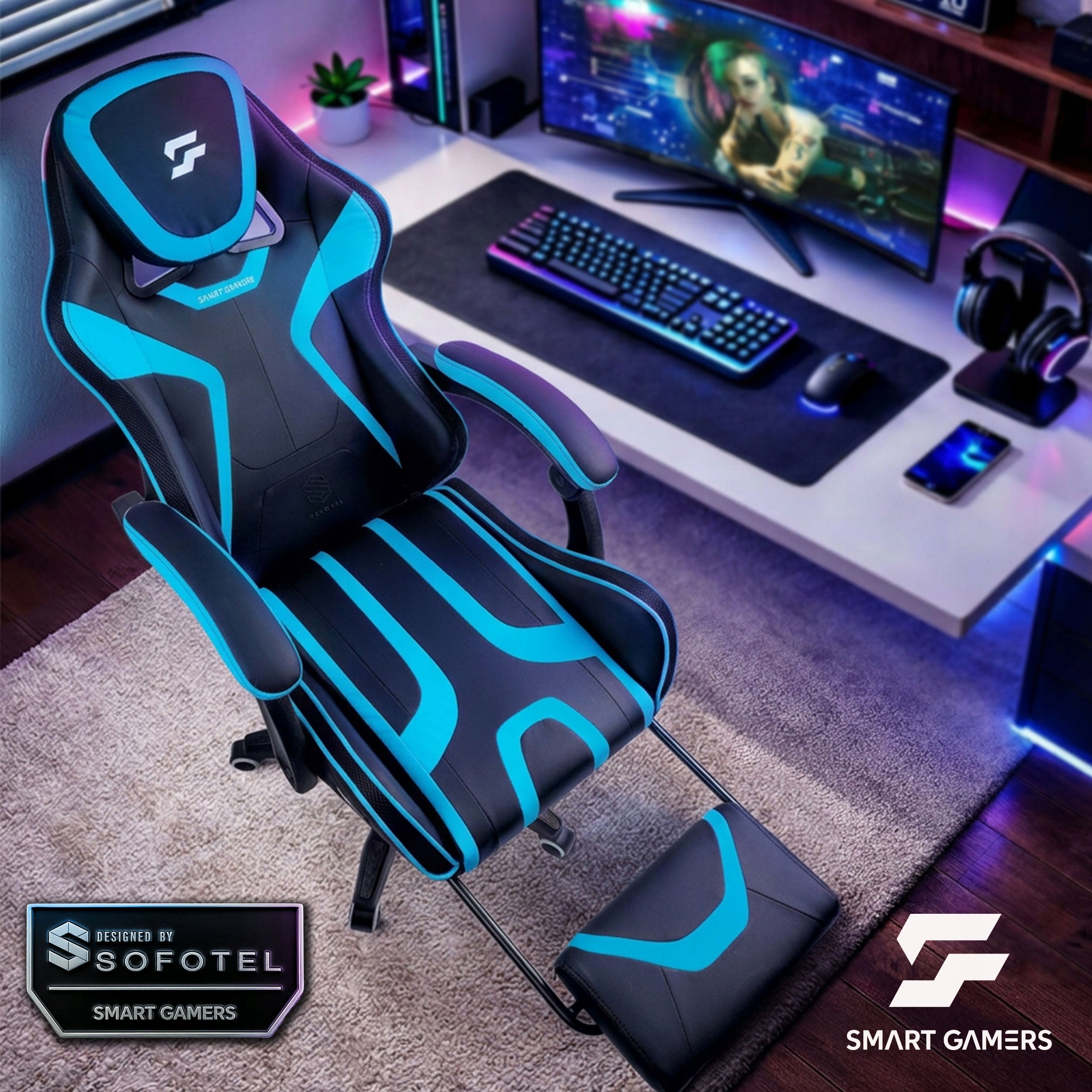 GAMING CHAIR SWIVEL PLAYER CHAIR WITH BUCKET FOOTREST Brand Sofotel