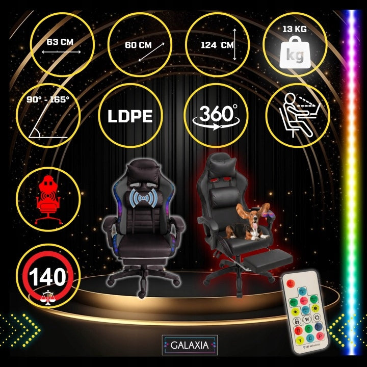GAMING CHAIR WITH MASSAGE LED OFFICE Bucket Swivel Gaming Chair Manufacturer code Fotel LED z rozkładanym podnóżkiem Czarna