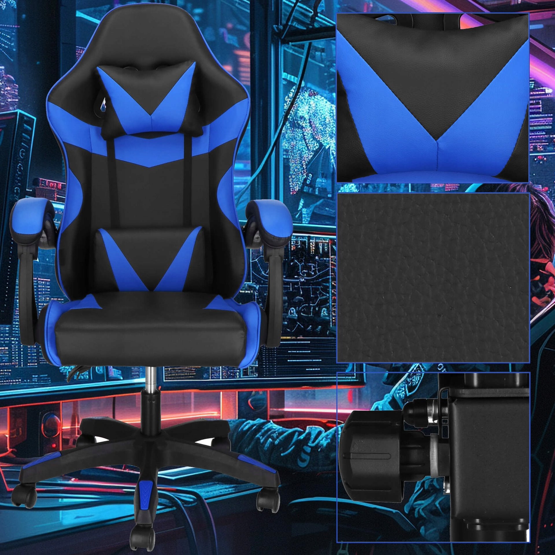 GAMING SWIVEL OFFICE CHAIR ADJUSTABLE ERGONOMIC FAUX LEATHER CUSHION Model HF0019 FOTEL BIUROWY