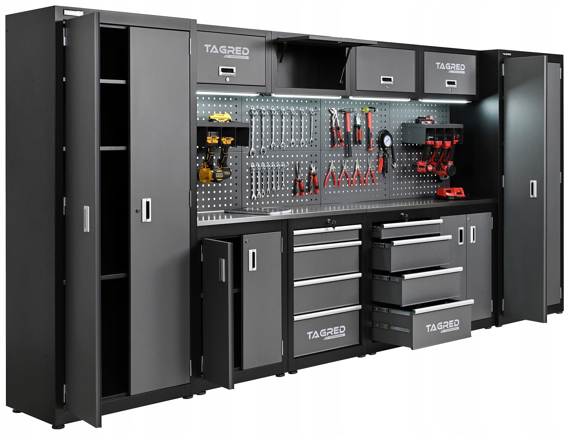 GARAGE FURNITURE WORKSHOP BOOKCASE FOR WORKSHOP MODULES 400CM LED COUNTERTOP INOX 3D Product depth 46 cm