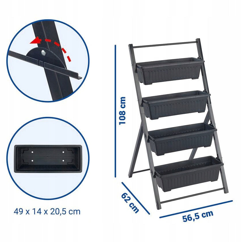 GARDEN BOOKCASE WITH BEDS 4 LEVEL METAL 62 X 108 X 56,5 CM BLACK Material synthetic material