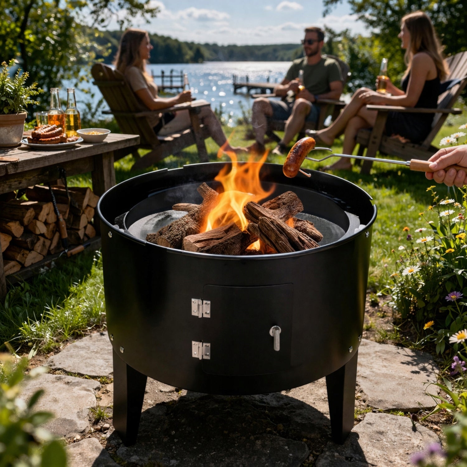 GARDEN CHARCOAL GRILL 3in1 SMOKEHOUSE GARDEN BARREL HEARTH + THERMOMETER Grill height 80 cm