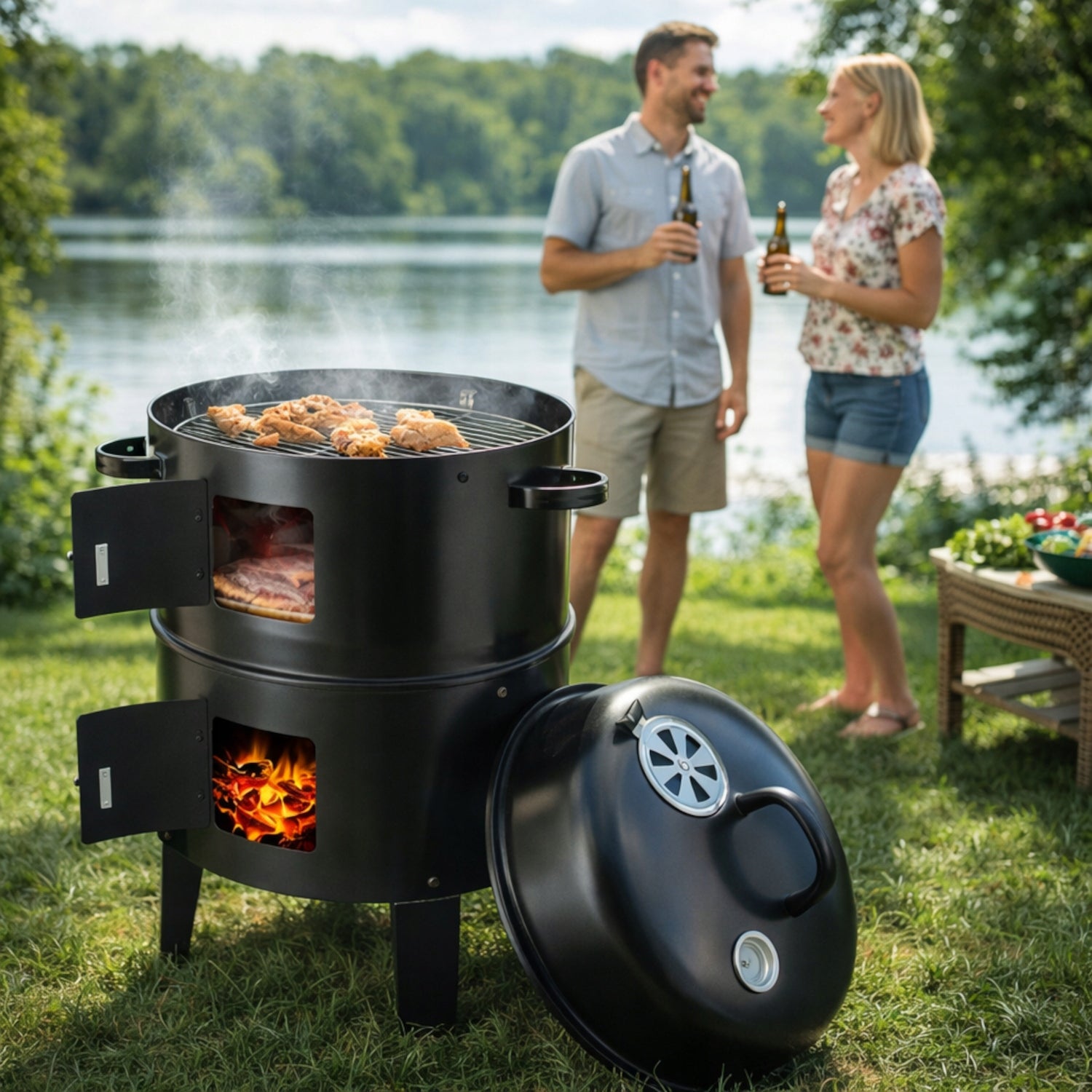 GARDEN CHARCOAL GRILL 3in1 SMOKEHOUSE GARDEN BARREL HEARTH + THERMOMETER Grill width 44 cm