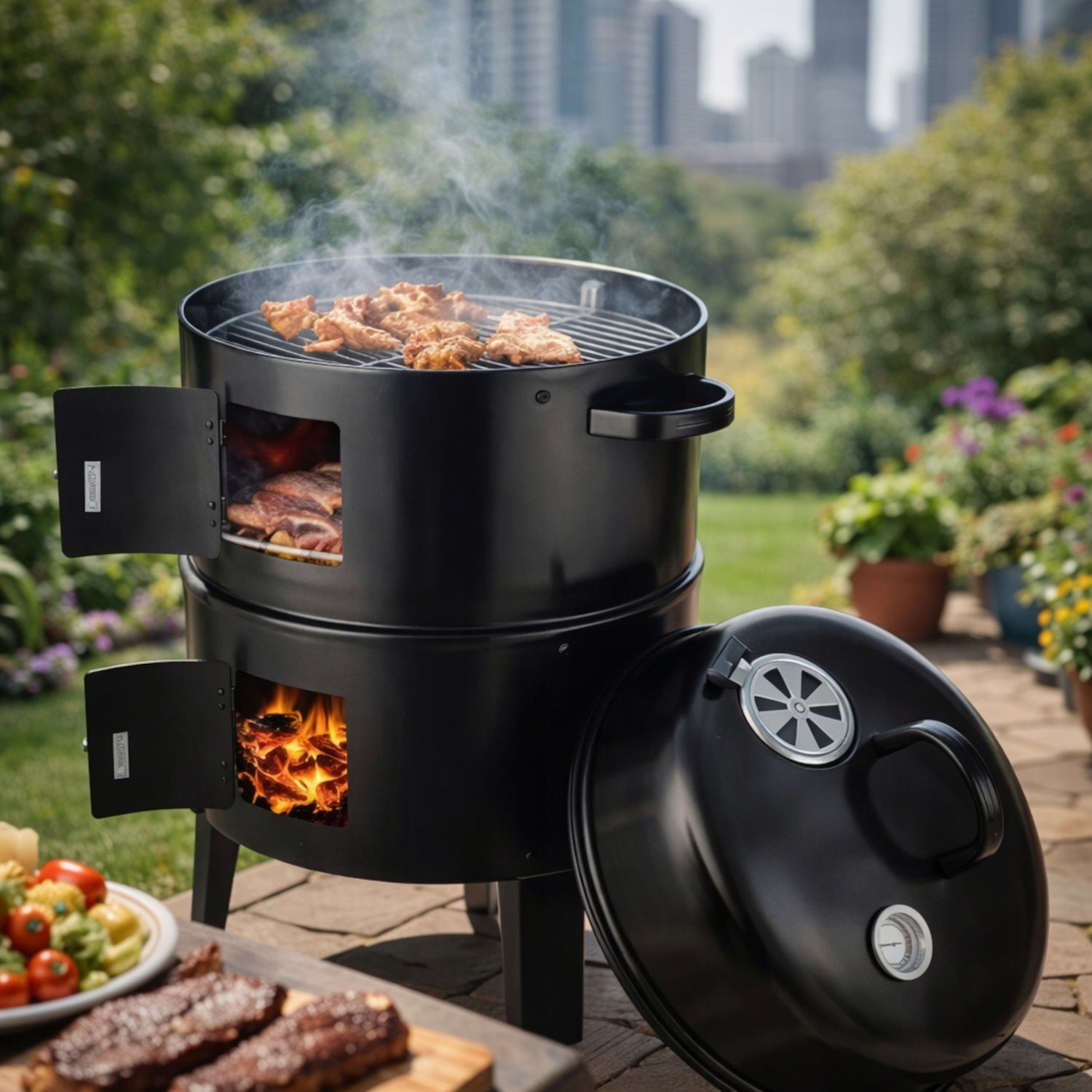 GARDEN CHARCOAL GRILL 3in1 SMOKEHOUSE GARDEN BARREL HEARTH + THERMOMETER Packaging status original