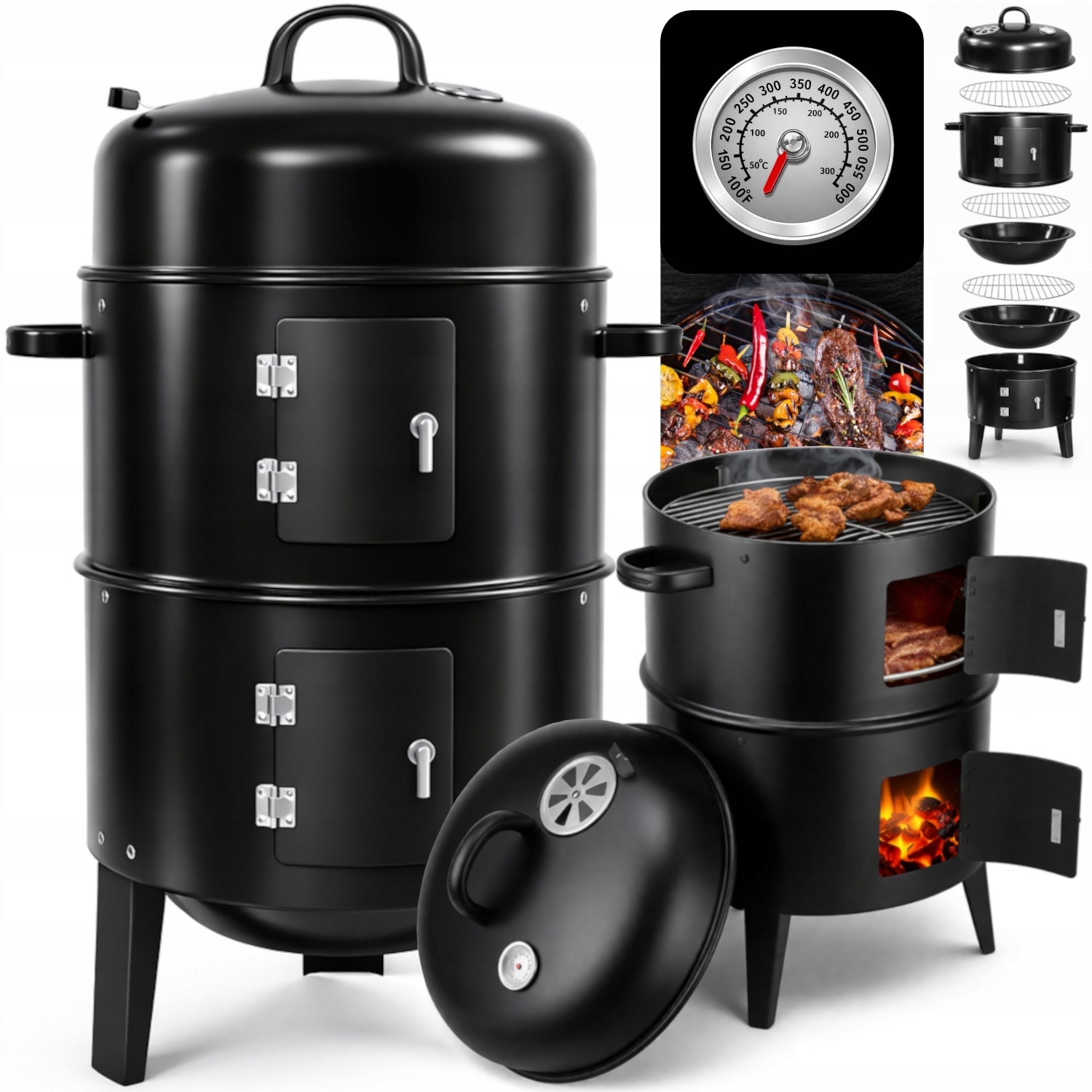 GARDEN CHARCOAL GRILL 3in1 SMOKEHOUSE GARDEN BARREL HEARTH + THERMOMETER