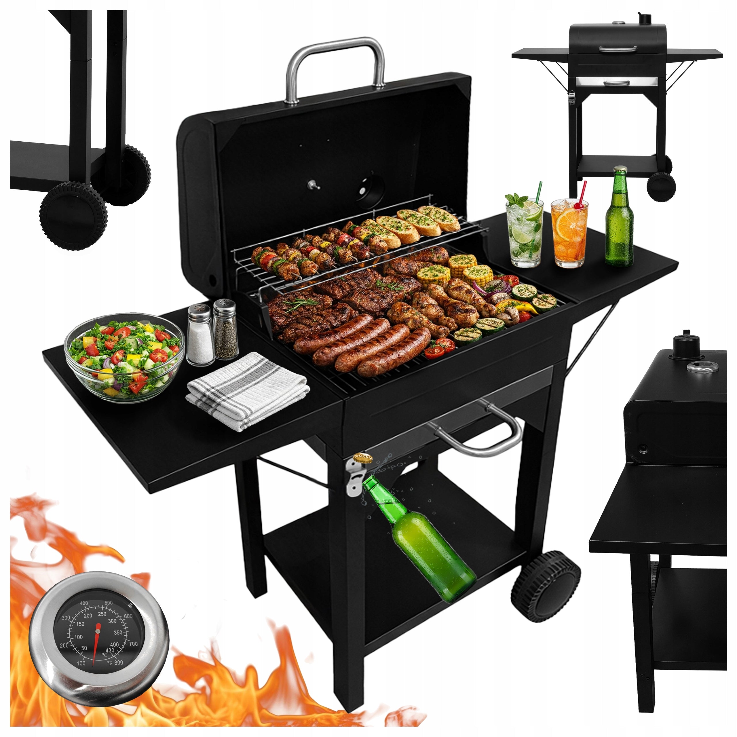 GARDEN CHARCOAL GRILL COVER BUILT-IN ASHTRAY THERMOMETER OPENER BBQ