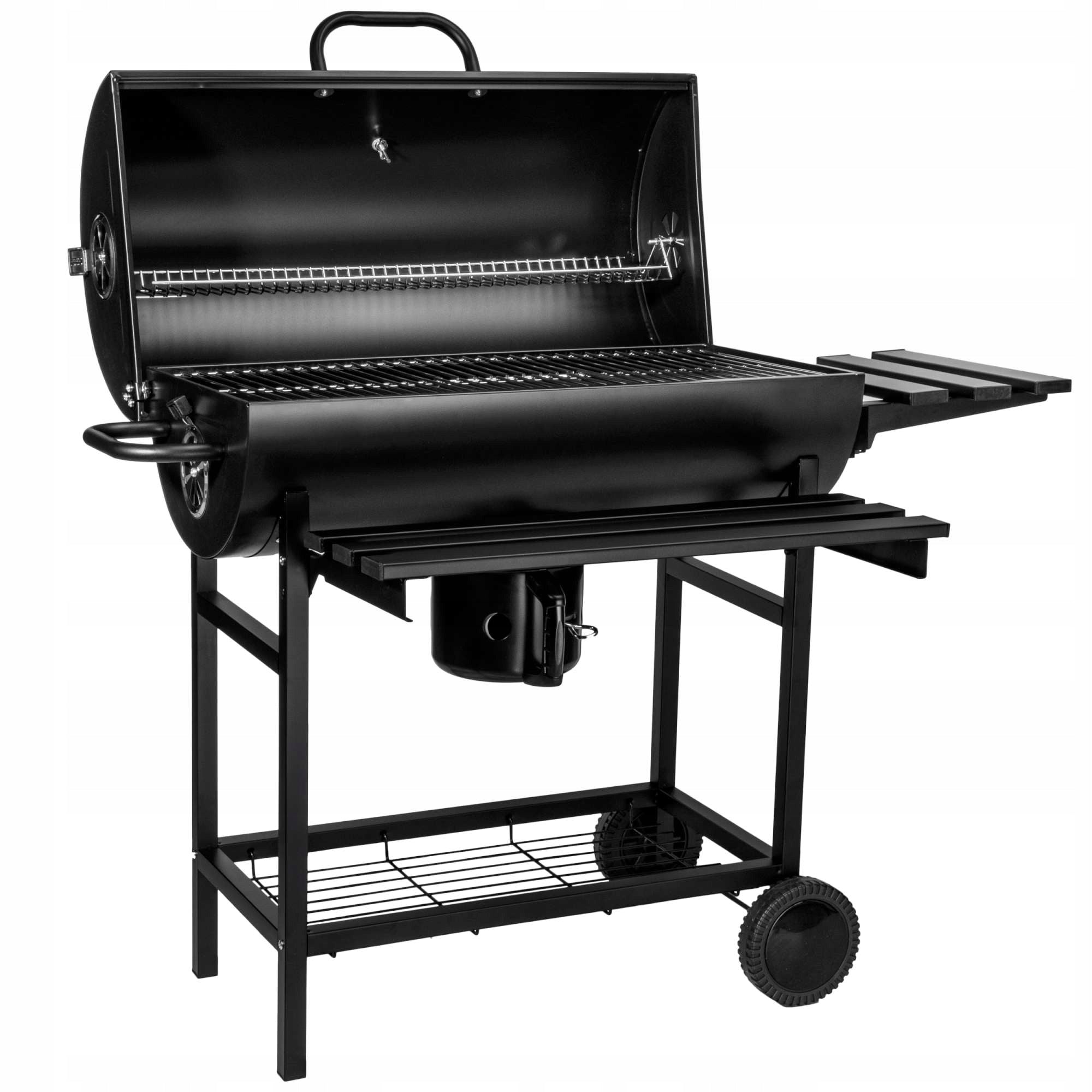 GARDEN CHARCOAL GRILL LARGE BARREL WITH LID 2 GRATES ASHTRAY THERMOMETER Grill depth 64 cm