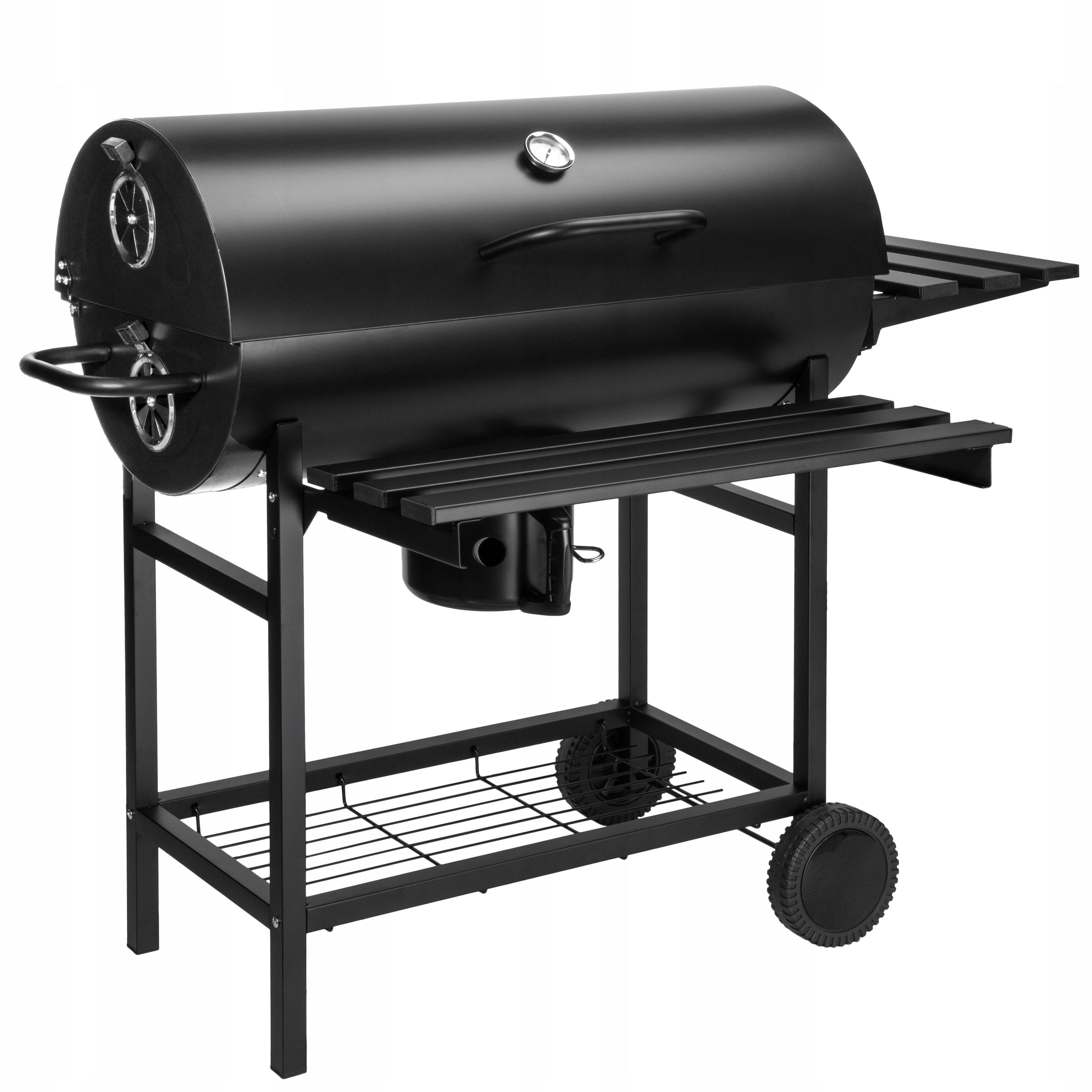 GARDEN CHARCOAL GRILL LARGE BARREL WITH LID 2 GRATES ASHTRAY THERMOMETER Grill height 93 cm