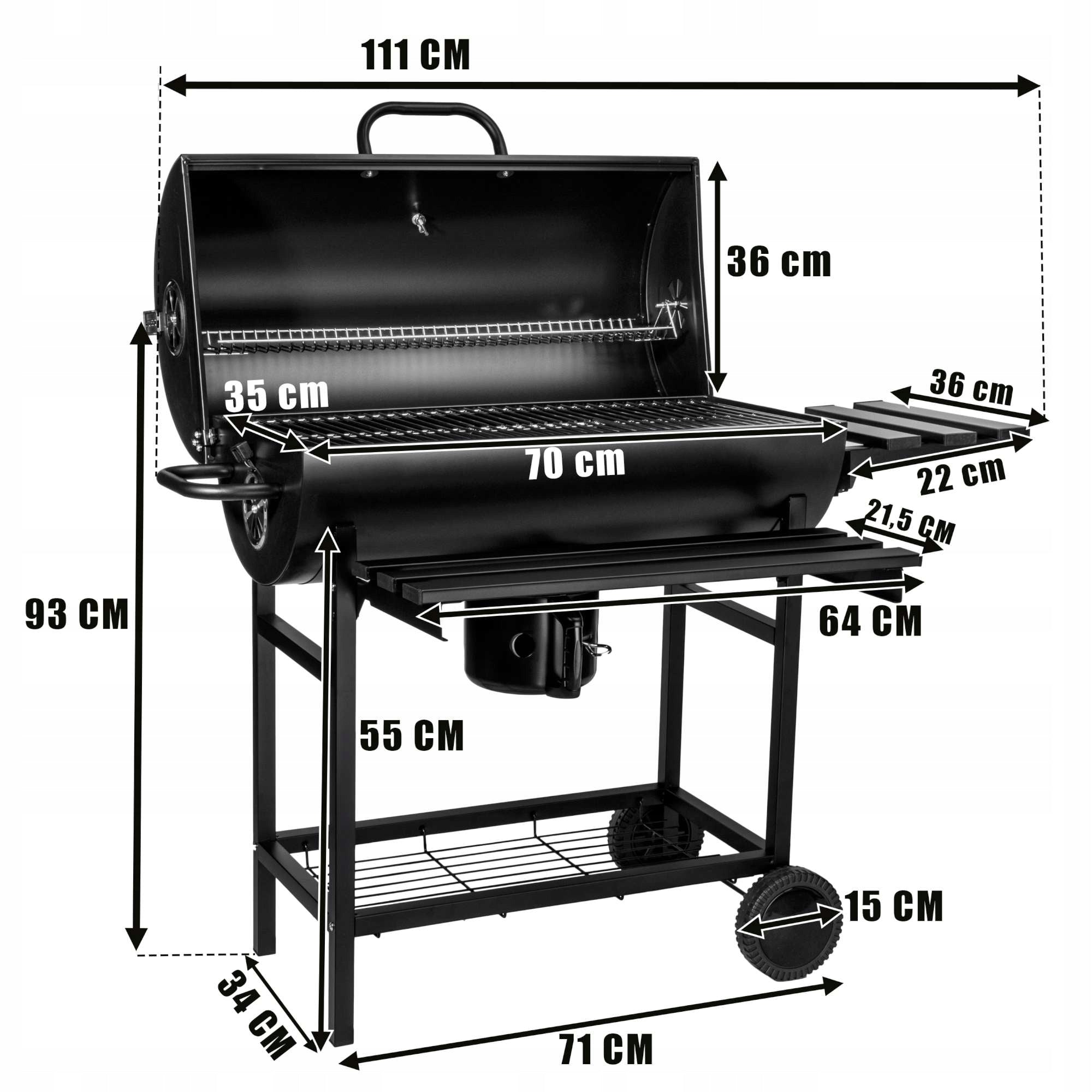 GARDEN CHARCOAL GRILL LARGE BARREL WITH LID 2 GRATES ASHTRAY THERMOMETER Manufacturer code 062915MG