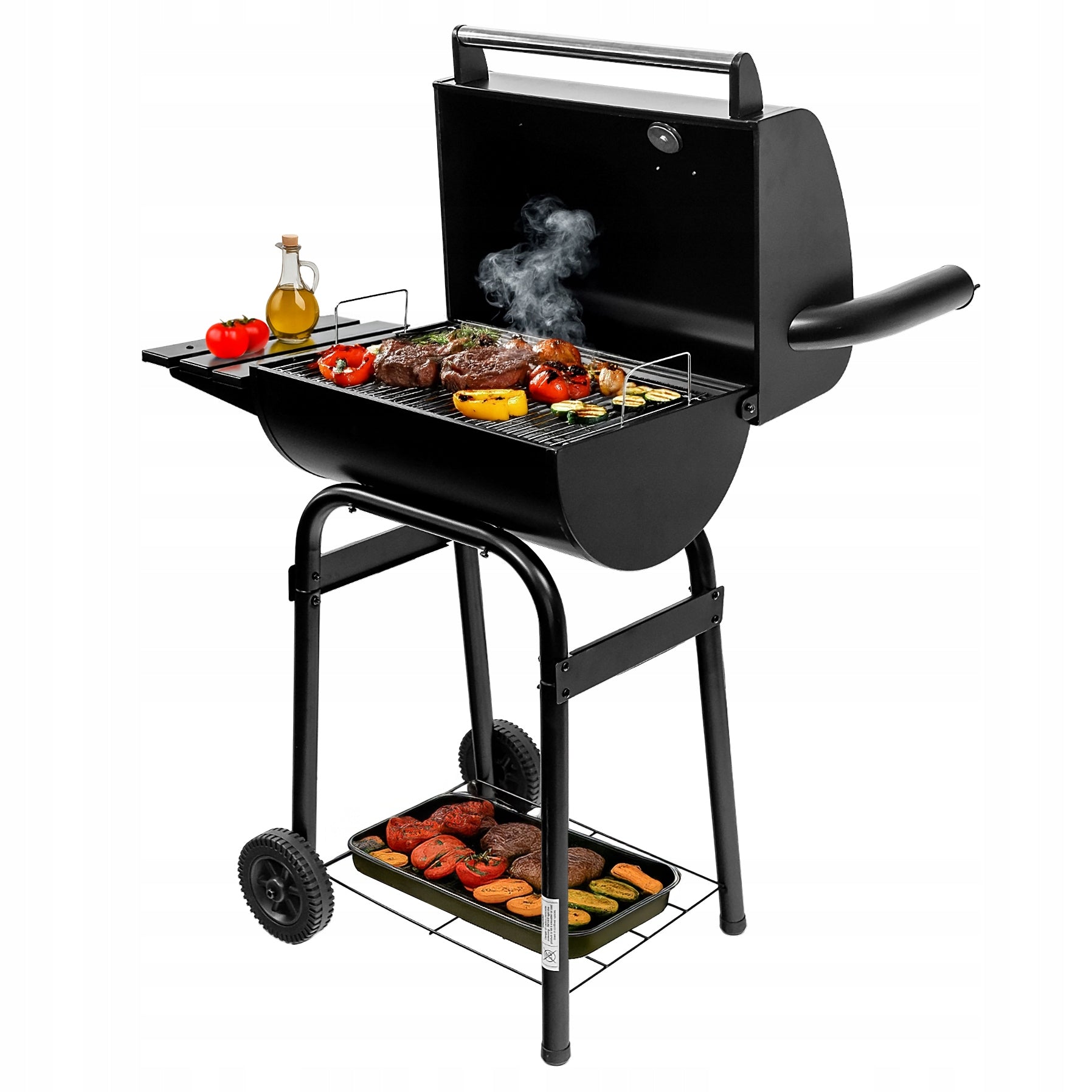 GARDEN CHARCOAL GRILL LARGE Barrel with CHIMNEY Cover THERMOMETER 2 GRATES